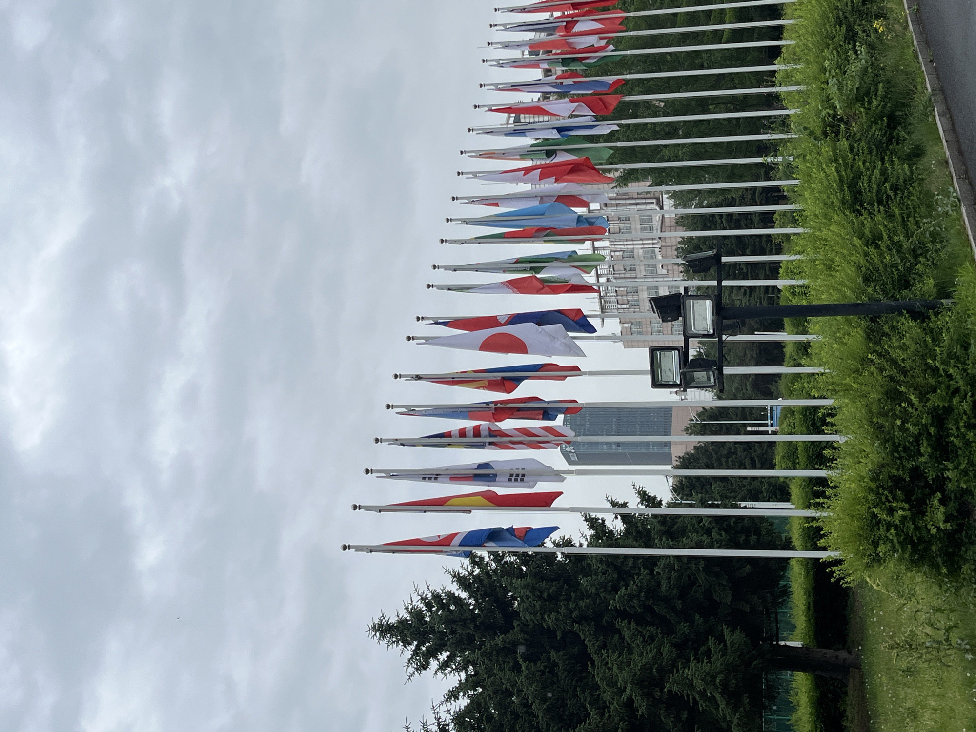 International flag display observed in rainy Changchun morning