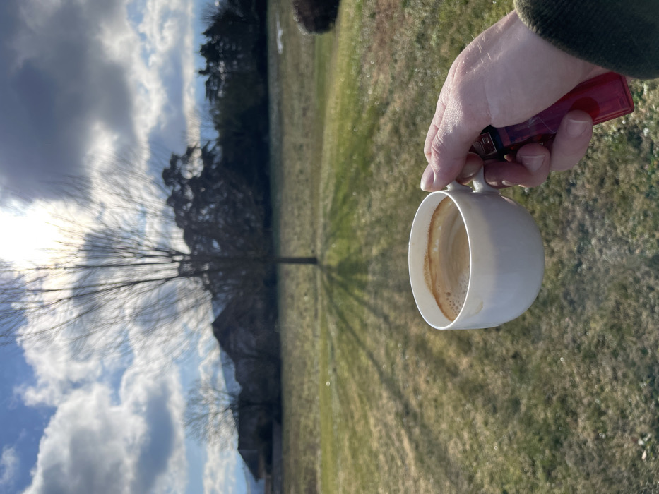 Morning coffee break on frosty patio in Chambéry