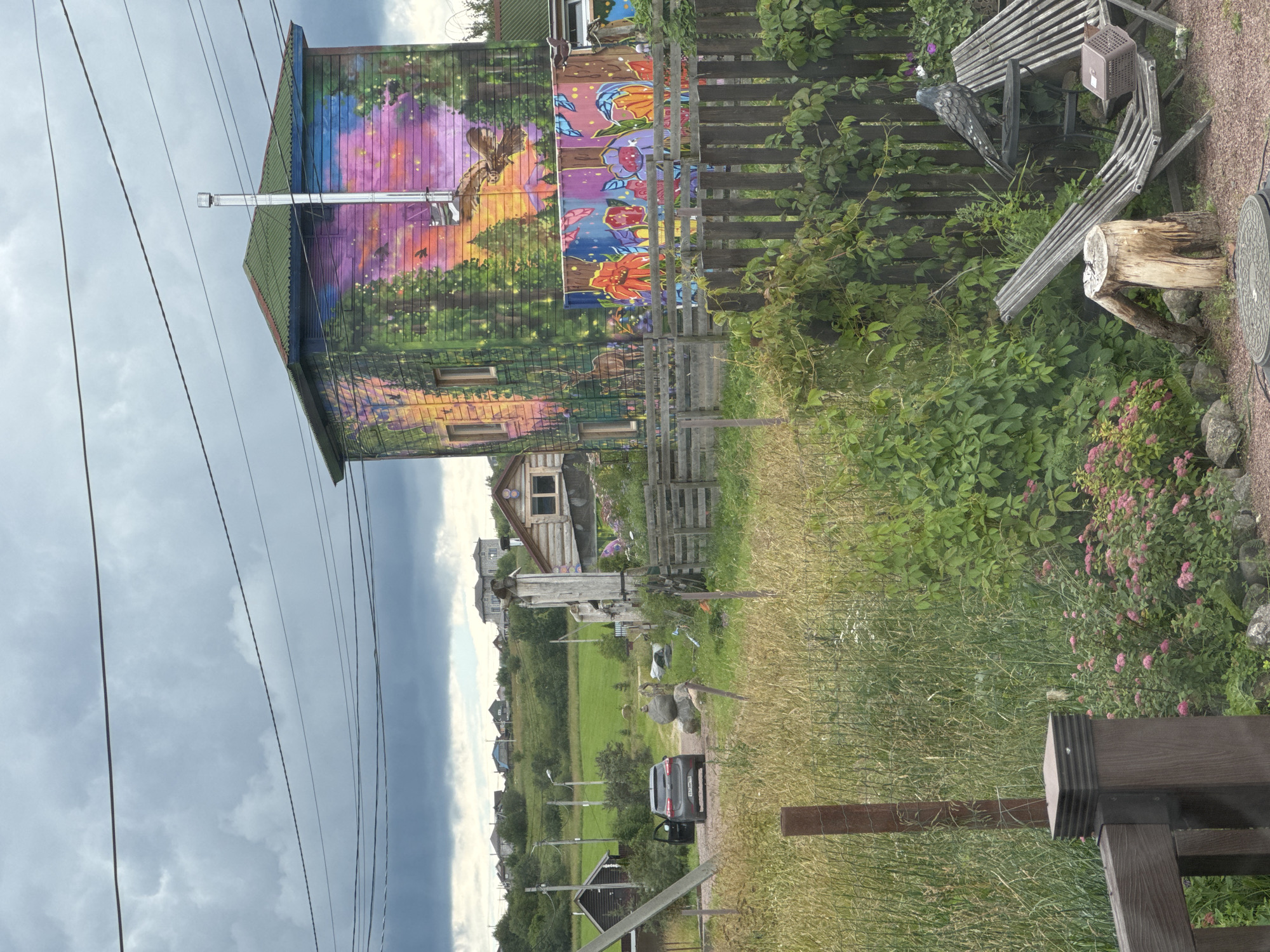 Mural-covered rural building in Kempelevo, kitten on the porch