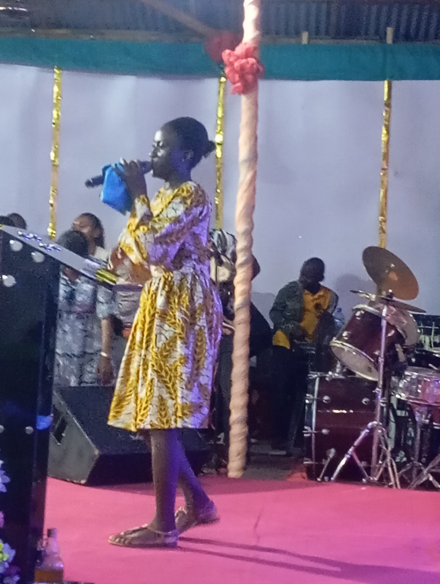 Singer performs with band on pink stage in Markurdi