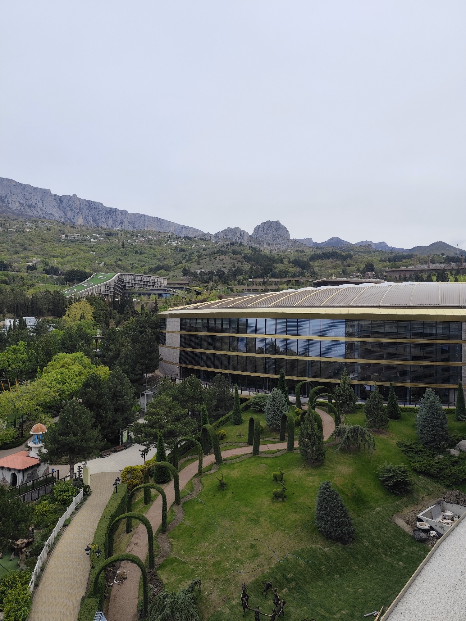 Morning views capture resort gardens and mountain landscape