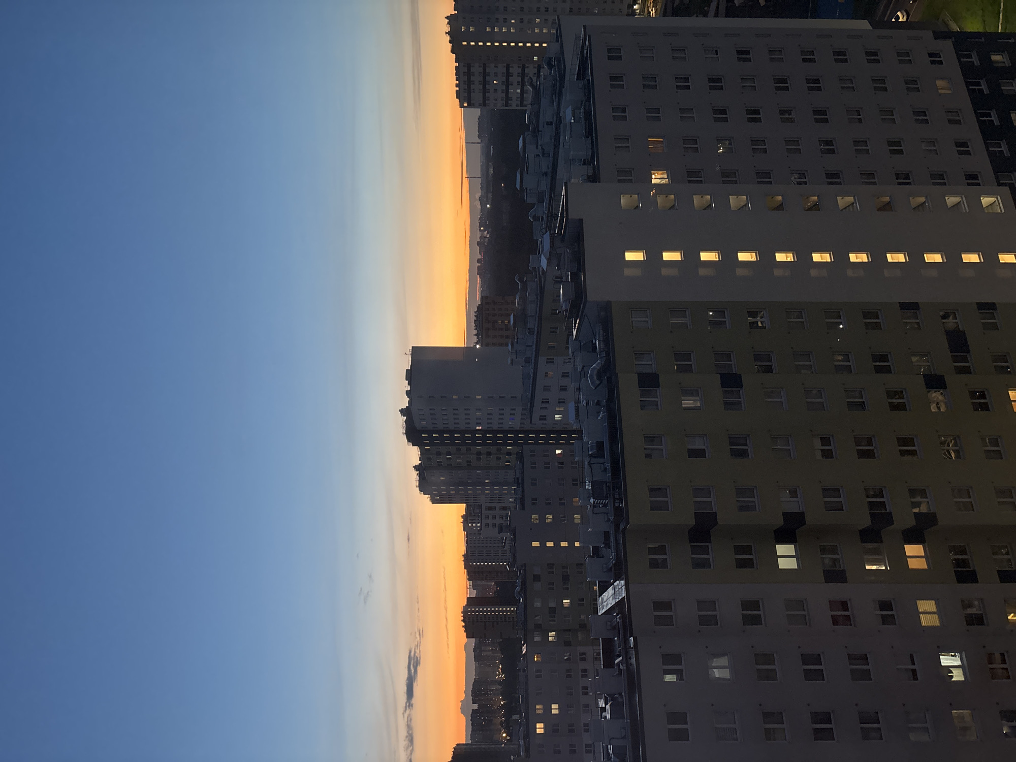 Sunset over a Russian city, with a frog figurine in hand