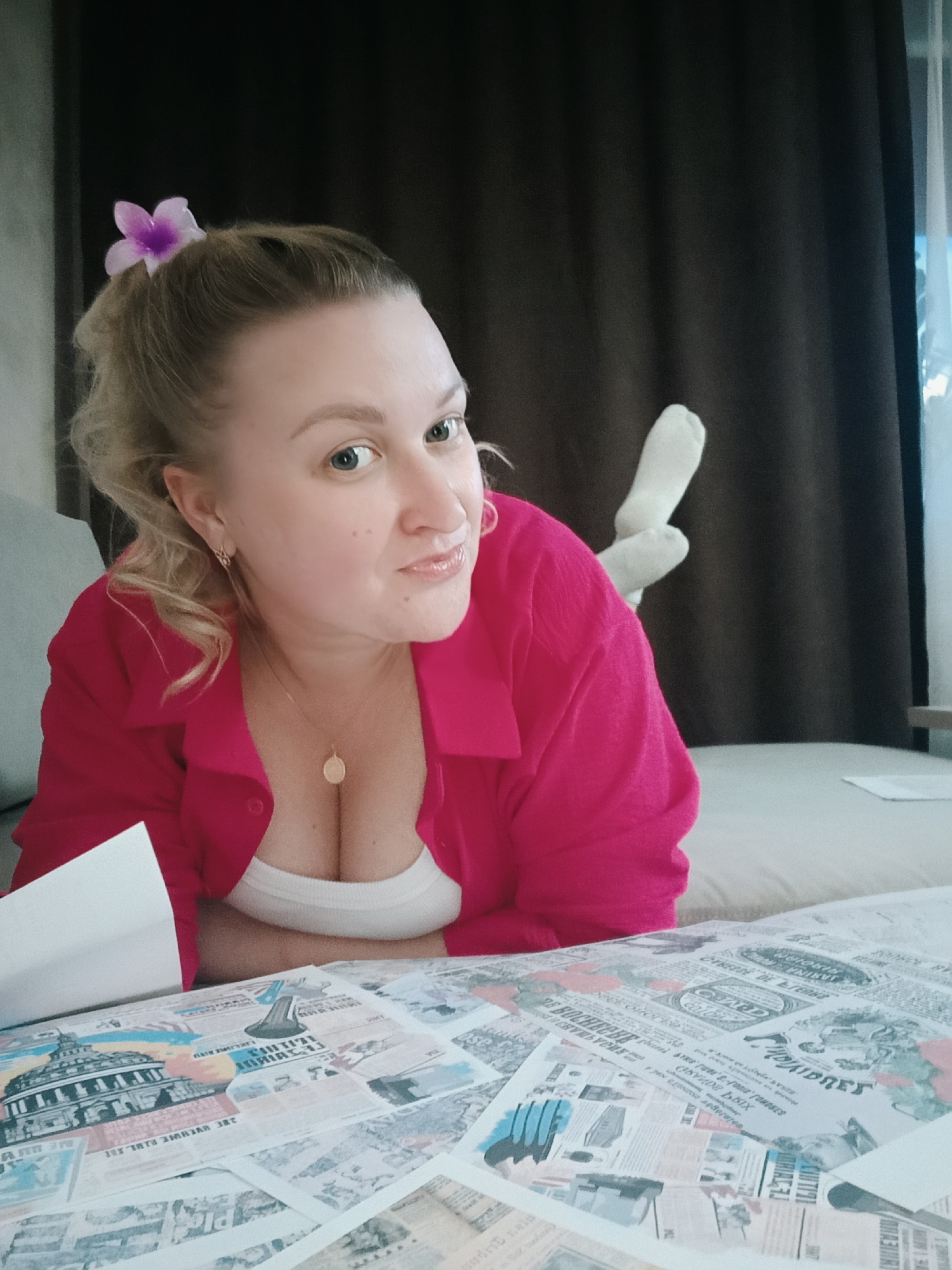Woman photographed in multiple indoor poses in Chaikovsky residence