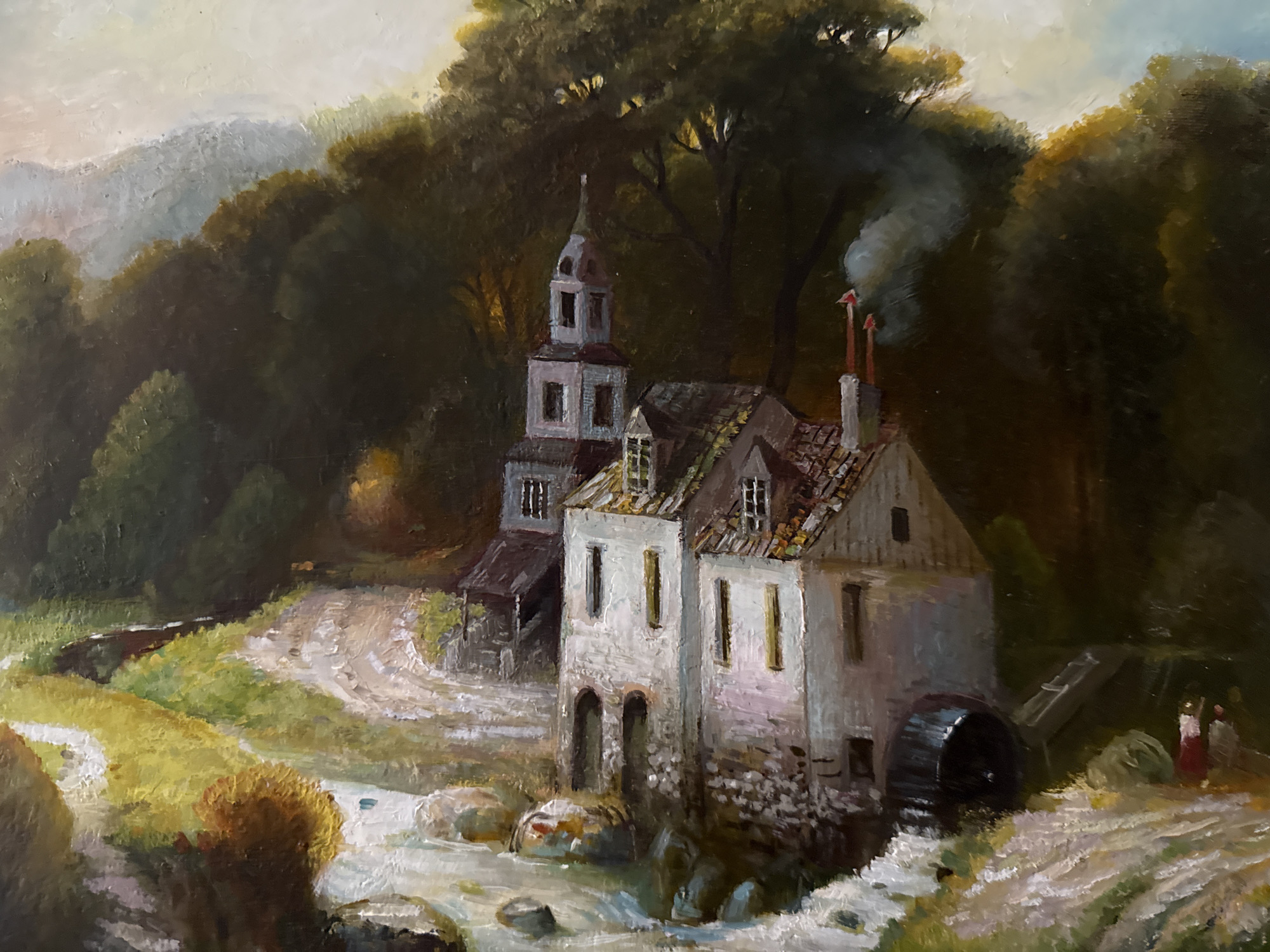 Two Russian landscape paintings: watermill scene and winter forest path