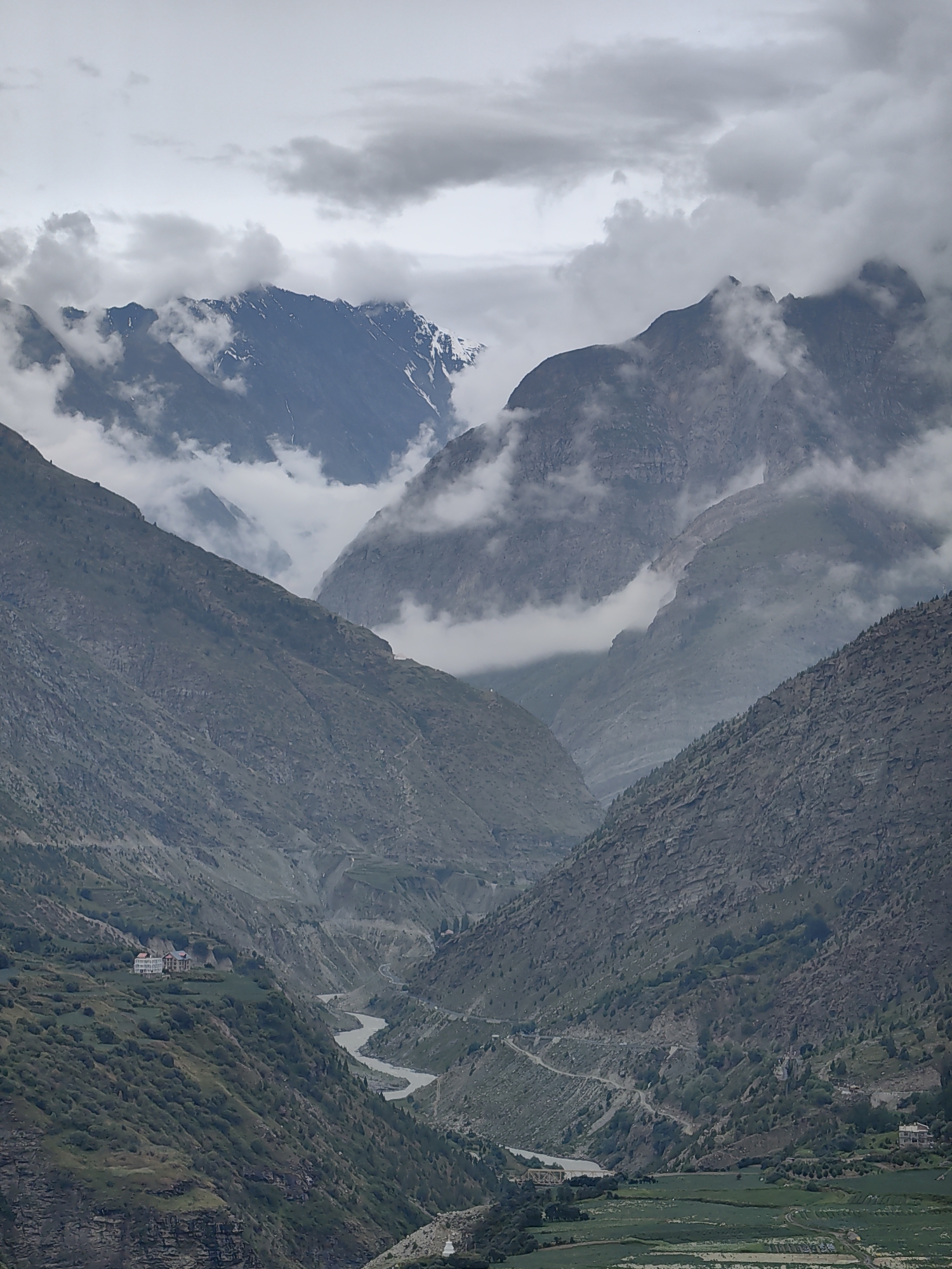 Keylang valley: roads, rivers, prayer flags, and mountain terrain