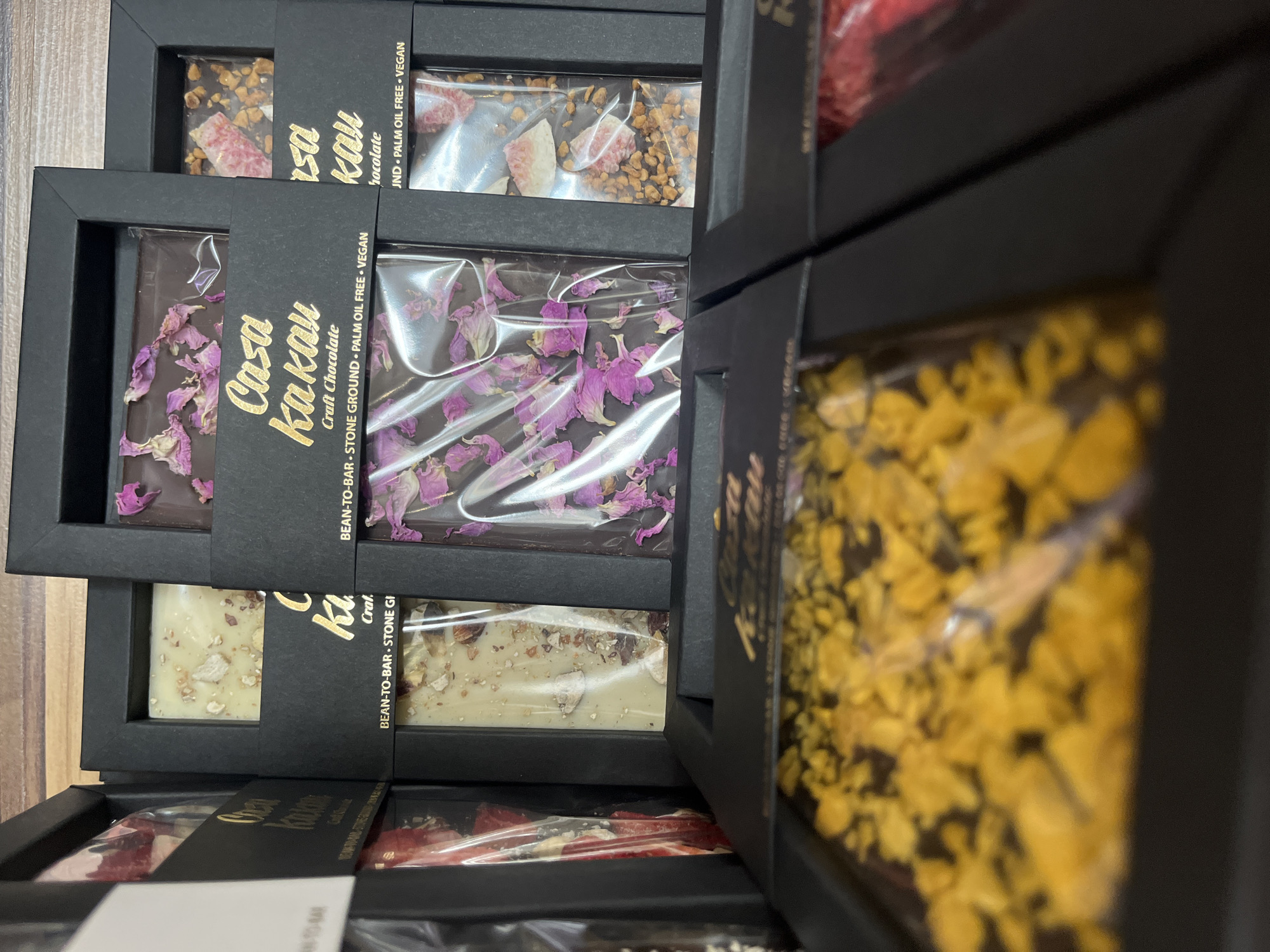 Casa Kakau craft chocolate bars displayed in Sofia