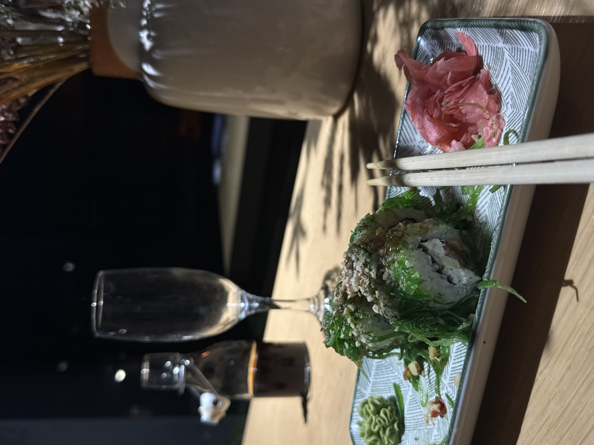 Sushi and champagne at a Sofia restaurant, summer evening