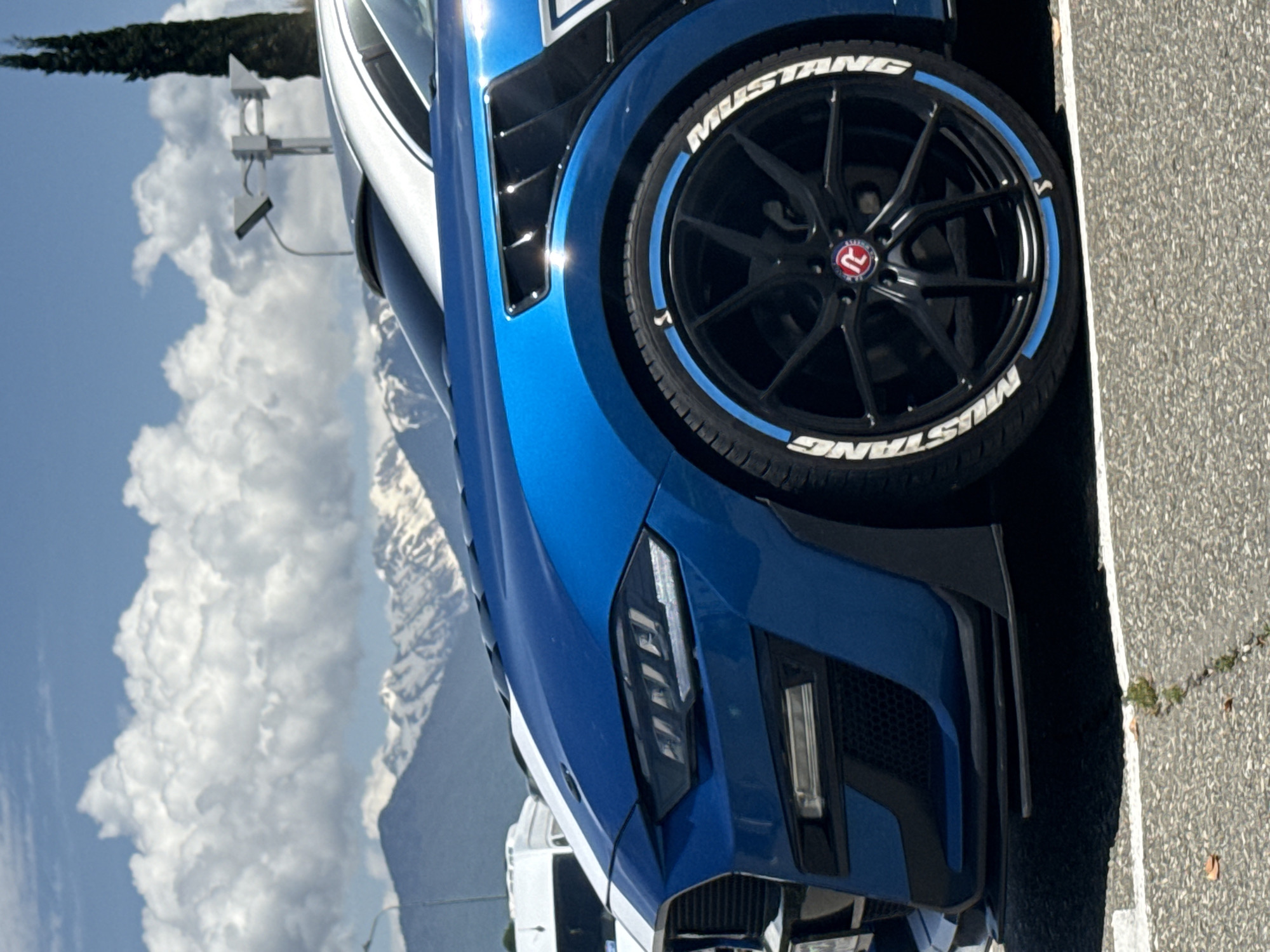 Blue Mustang spotted parked near modern building in Sochi