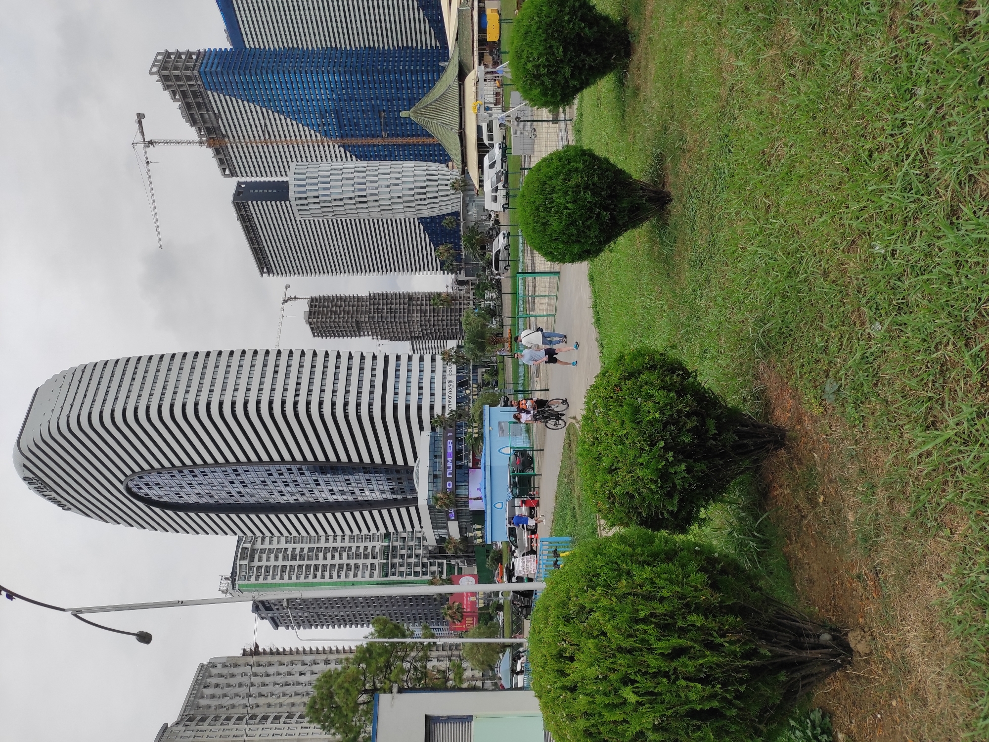 Batumi's modern waterfront district on a cloudy morning