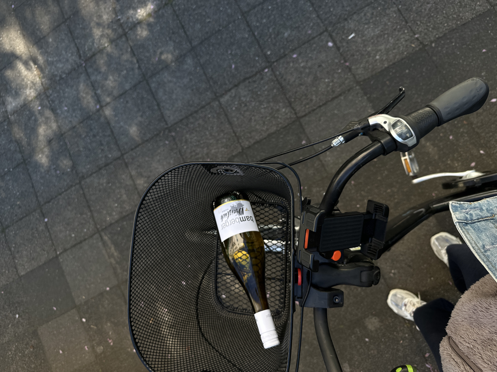 Cyclist carries wine bottle in basket through Kiel