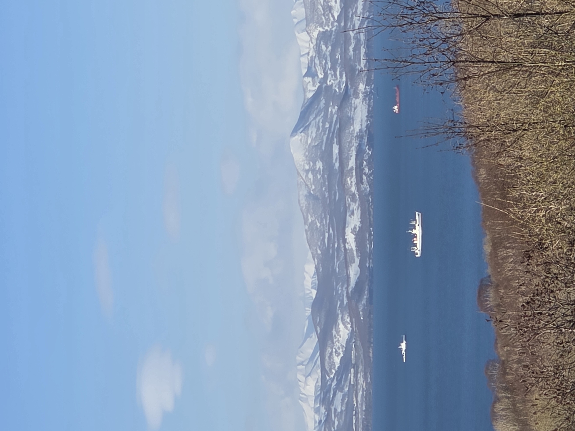 Coastal city with snow-capped mountains observed by witnesses