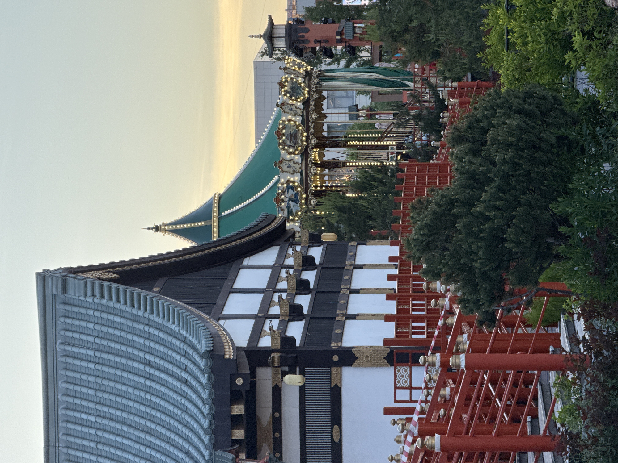 Traditional East Asian temple complex documented during golden hour