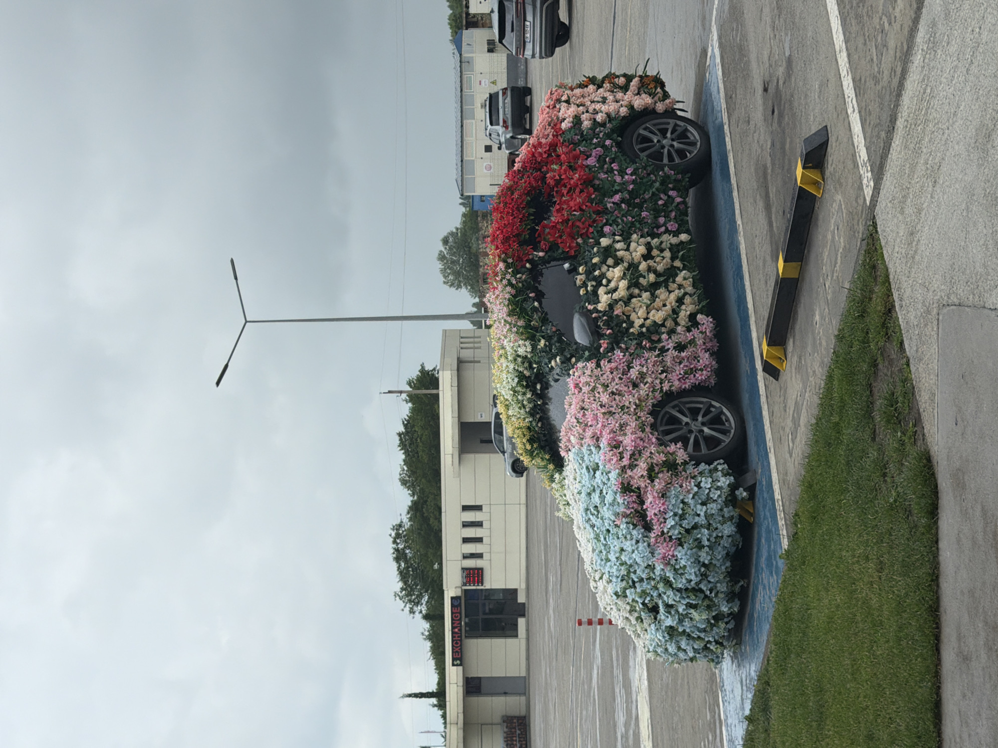 Flower-covered car installation parked outdoors in Siktarva, Georgia