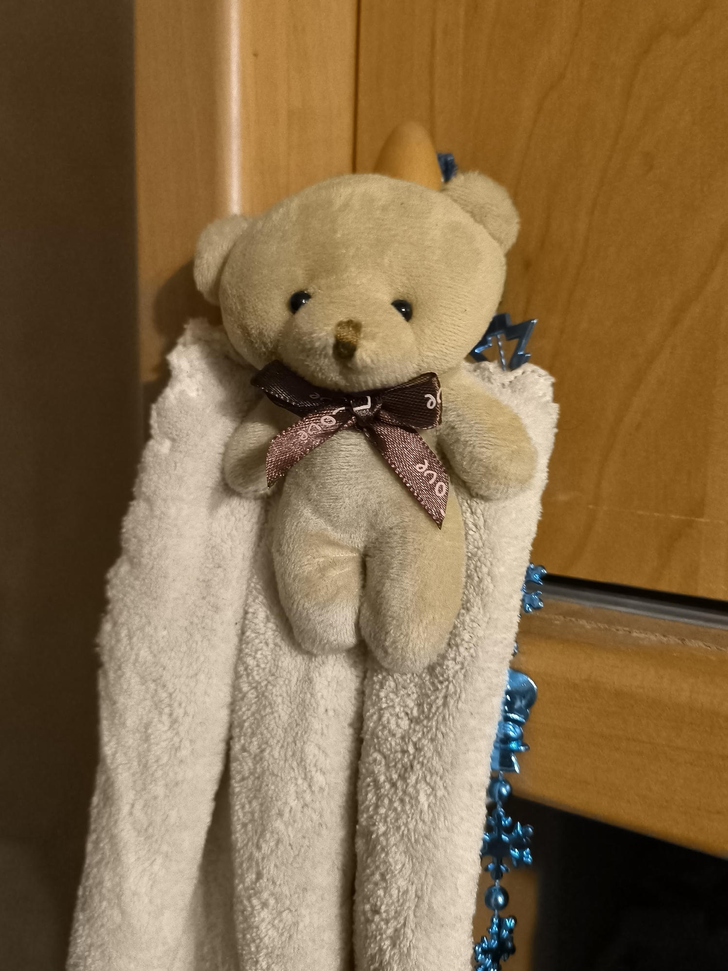 Tan teddy bear with pink-lettered ribbon hanging from wooden surface