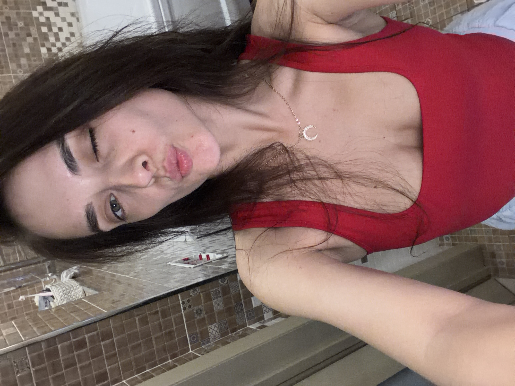 Bathroom selfie series in Ufa, red top and crescent moon necklace