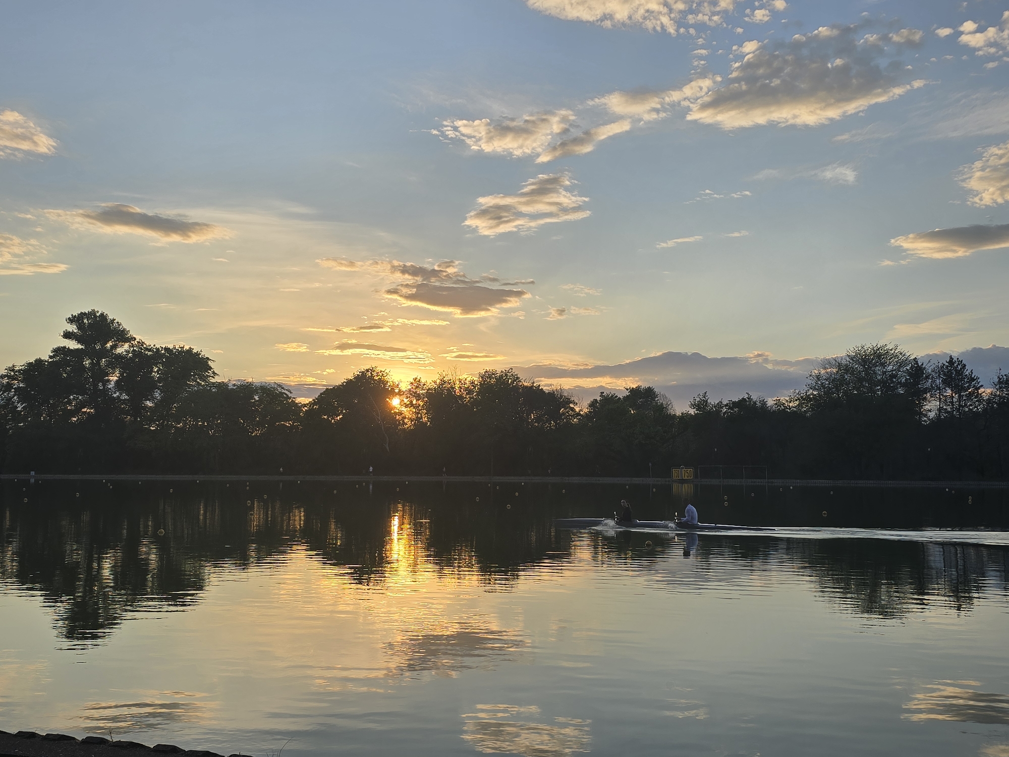 Sunset documented over rowing canal in Plovdiv, Bulgaria