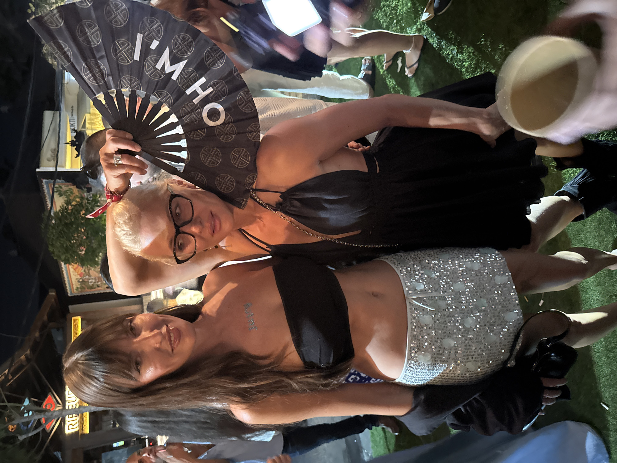 Night out at an outdoor party with DJ and dressed-up crowd