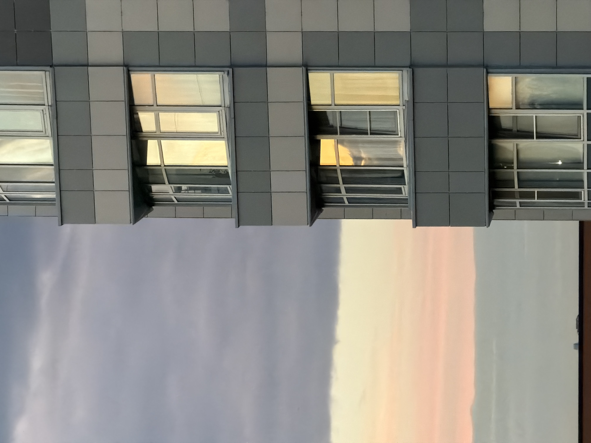 Low-angle building exteriors and a sunset sky with bird in flight