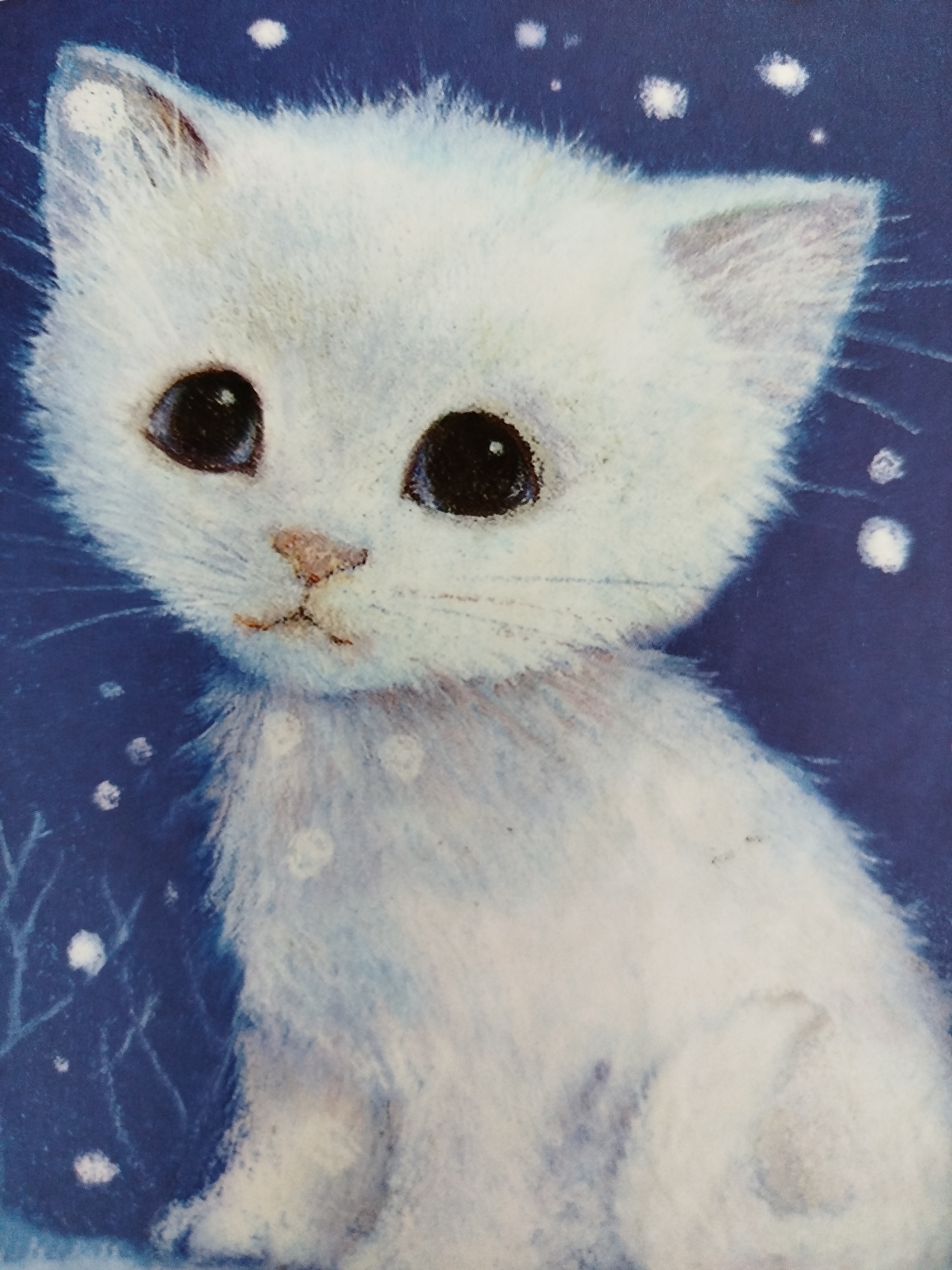Watercolor white kitten against a dark starry blue background
