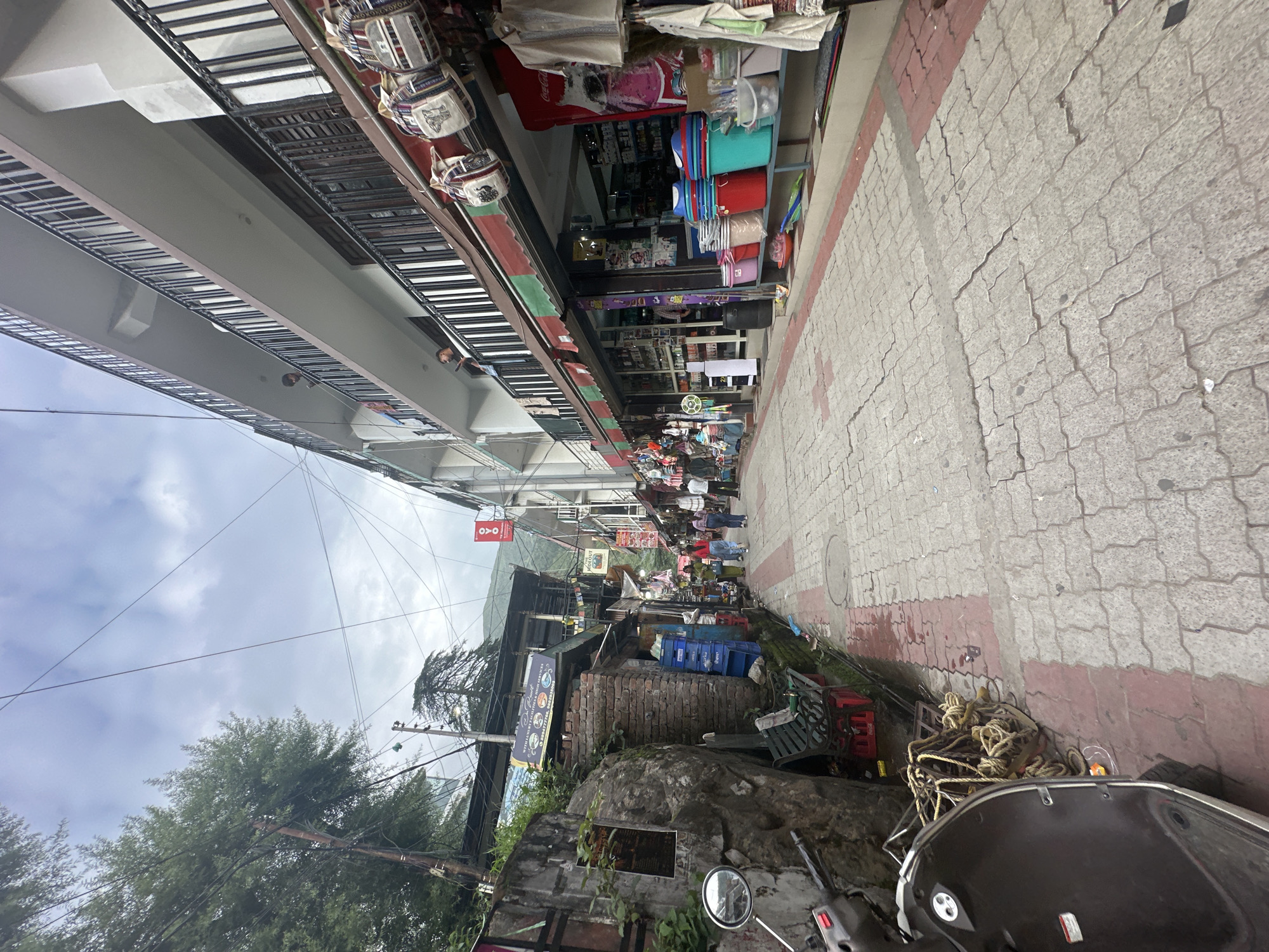 Street-level look at a compact, hilly mountain town