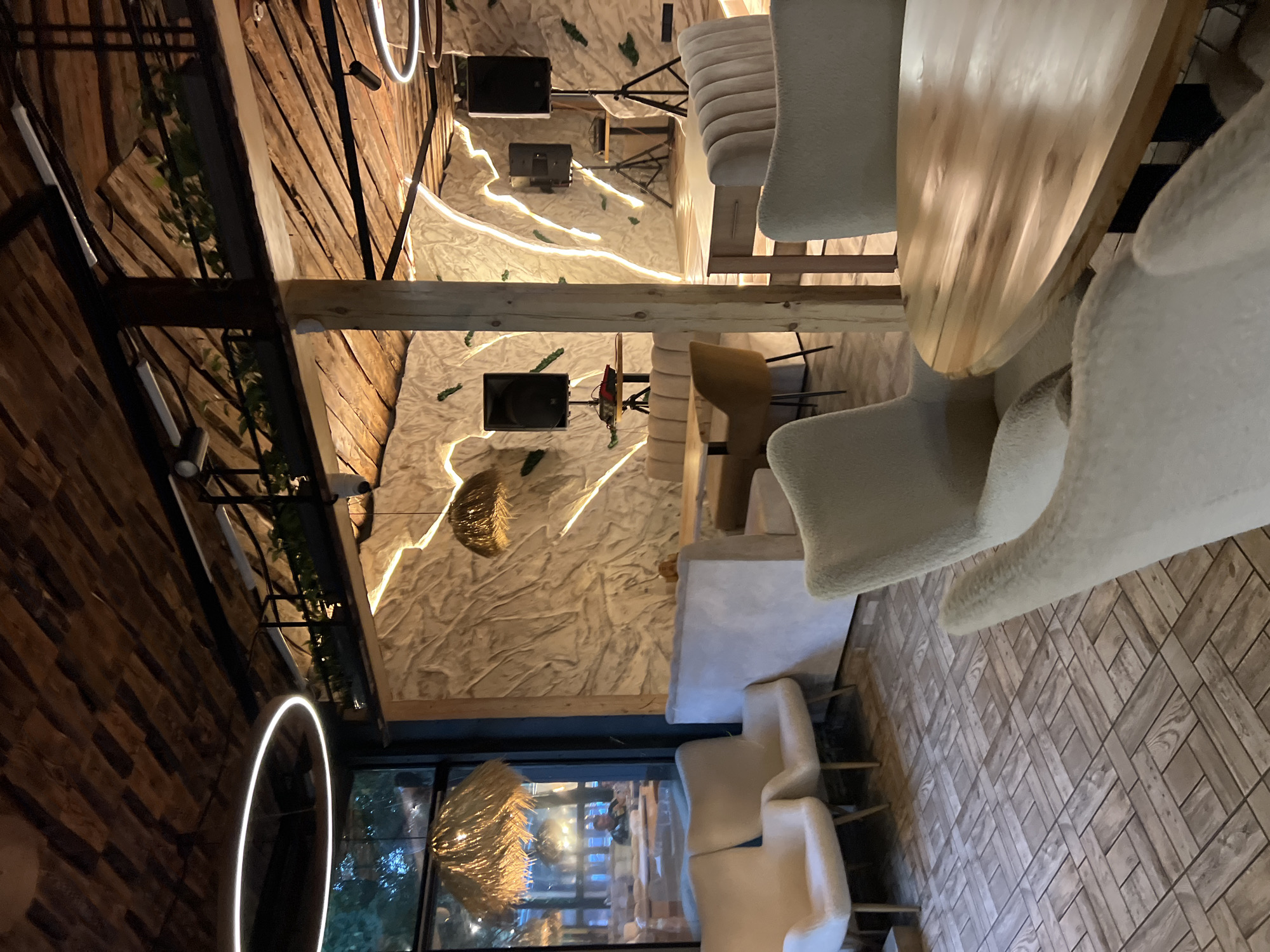 Inside a rustic-modern Odesa restaurant, inside and out.