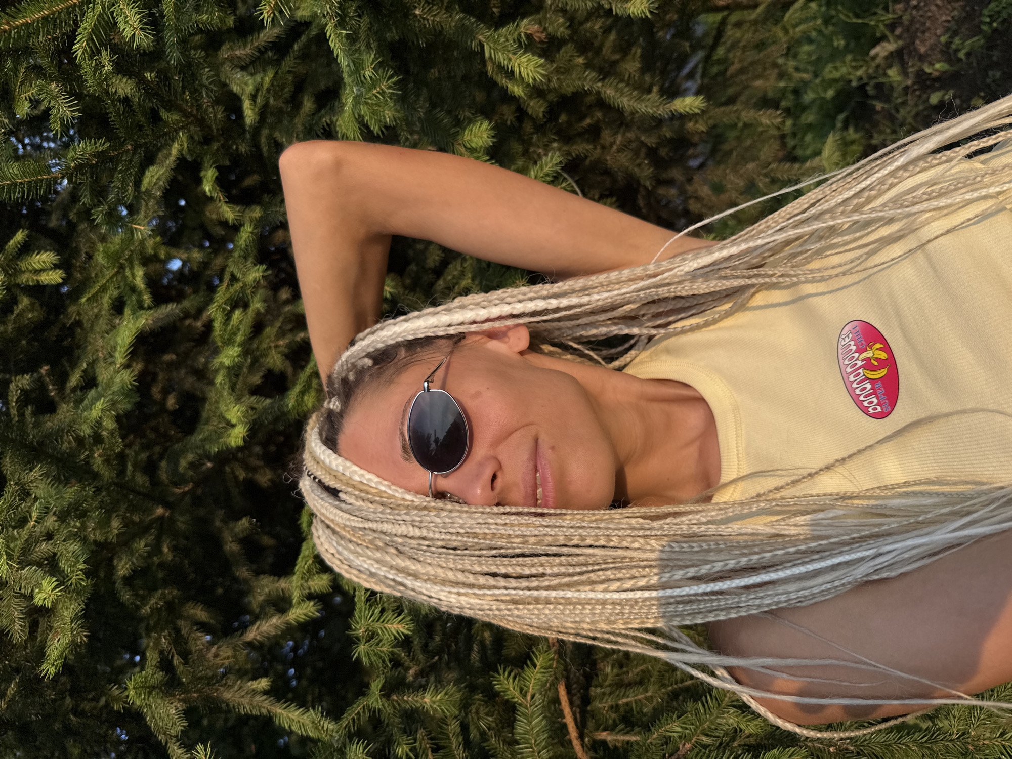 Sunny afternoon poses in Rusanovo, yellow top and bold braids
