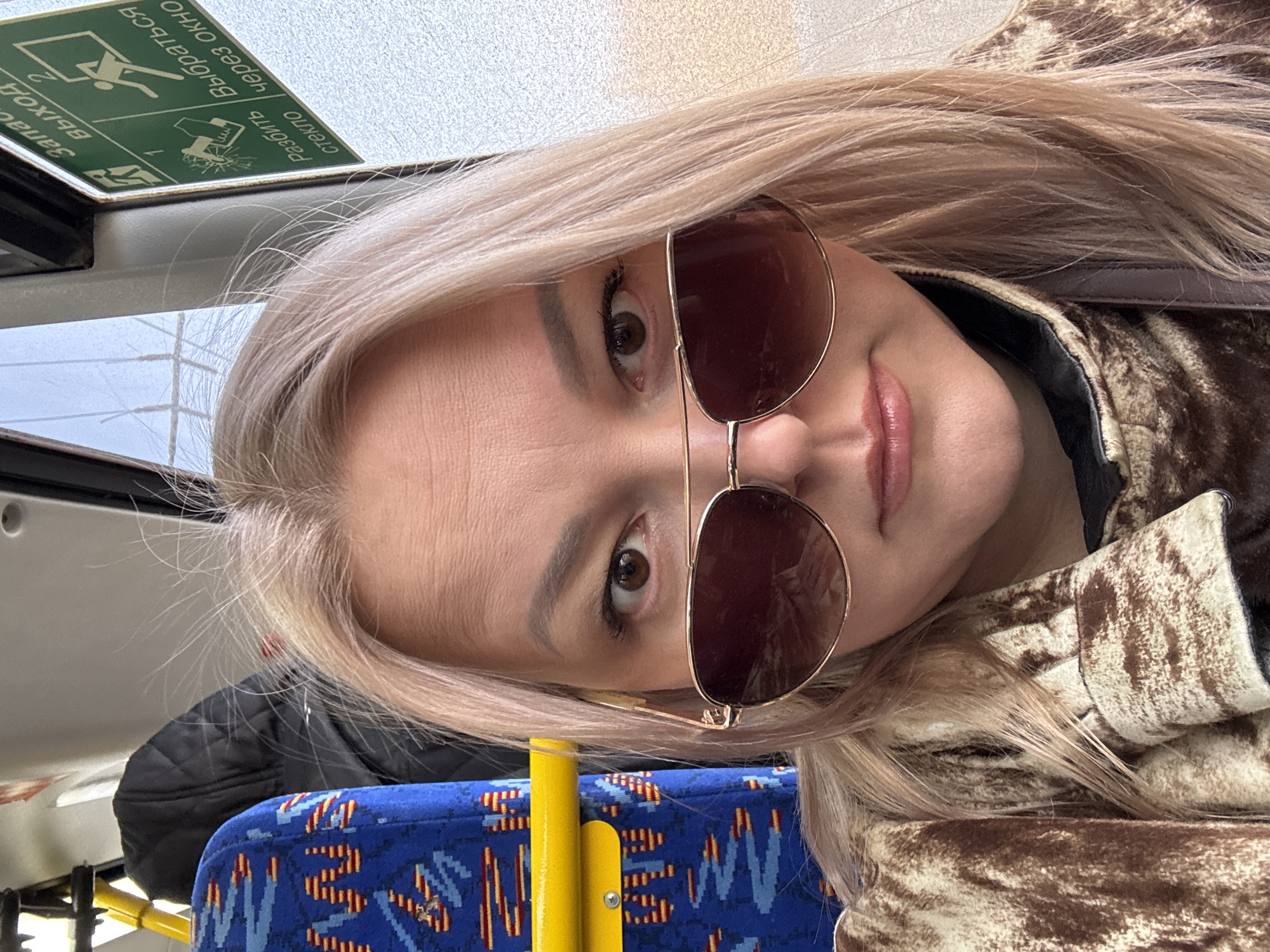 Woman rides public bus in Izhevsk, Russia