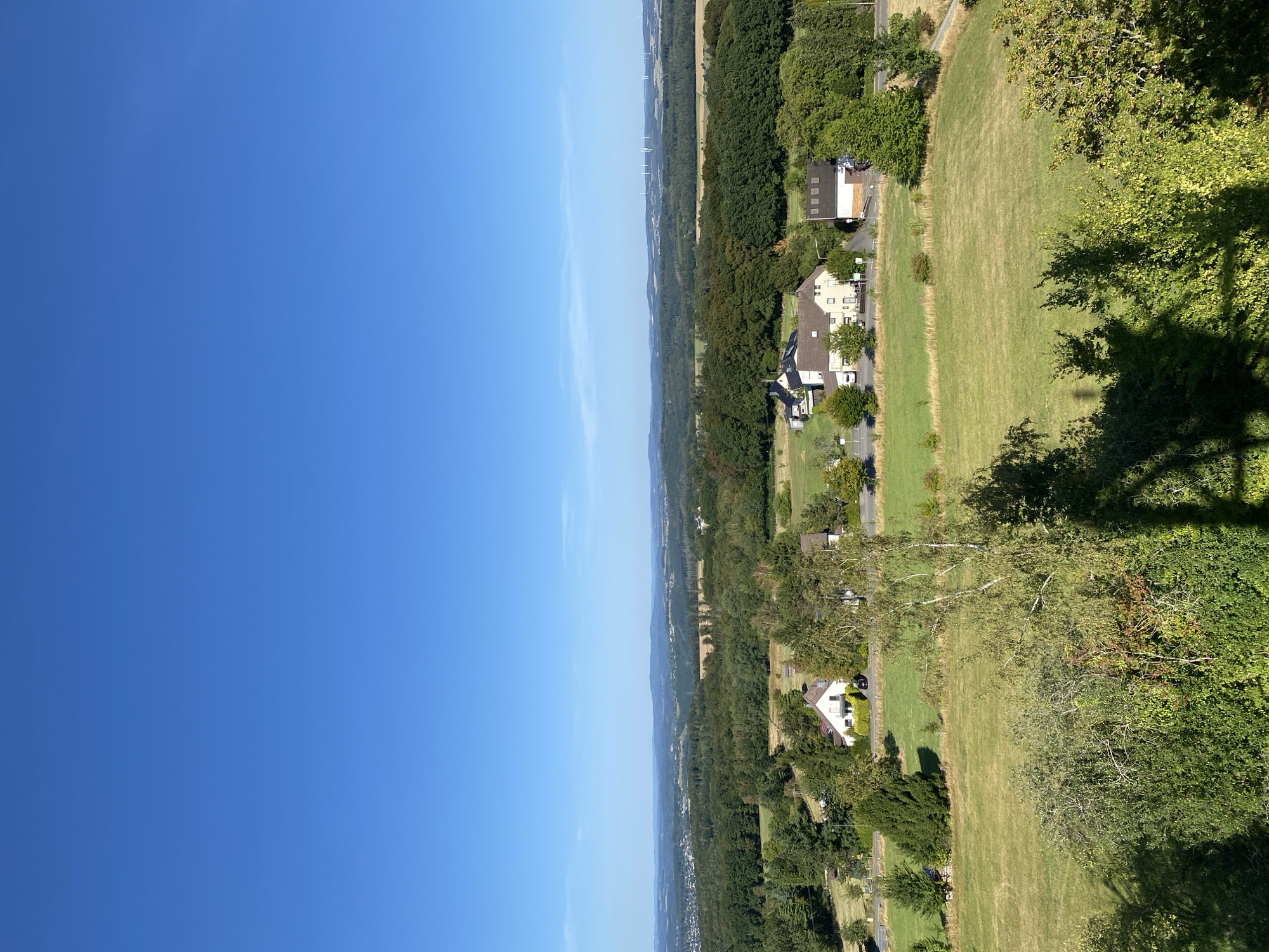 Clear-sky afternoon over green hills and forest in Busenhausen