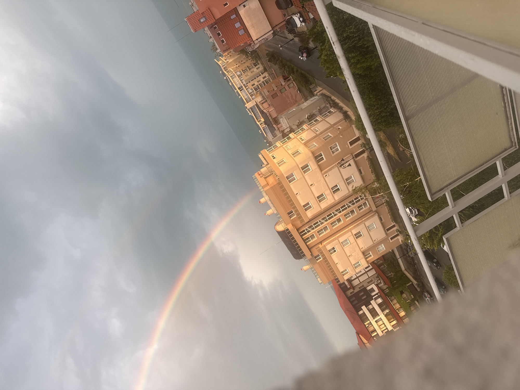 Rainbow appears over Sveti Vlas, Bulgaria residential district
