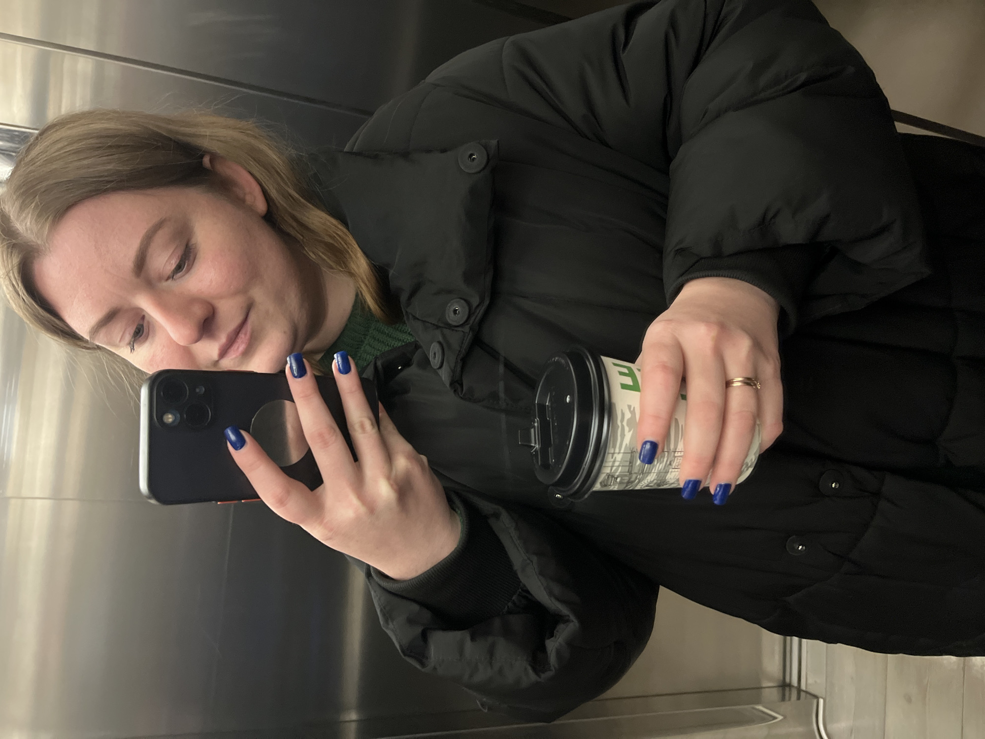 Social media activity documented in Klin includes elevator selfie