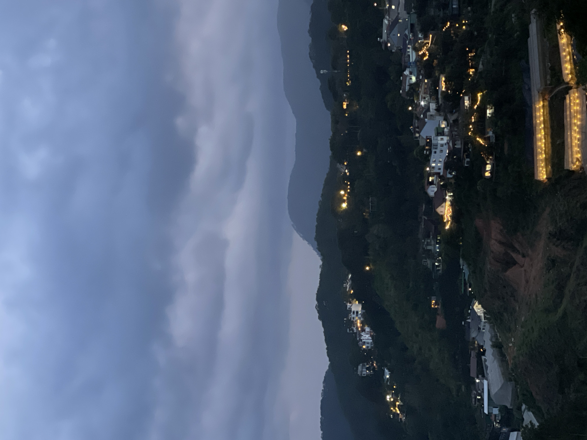 Da Lat hillside at dusk — greenhouses, lights, and cloudy skies