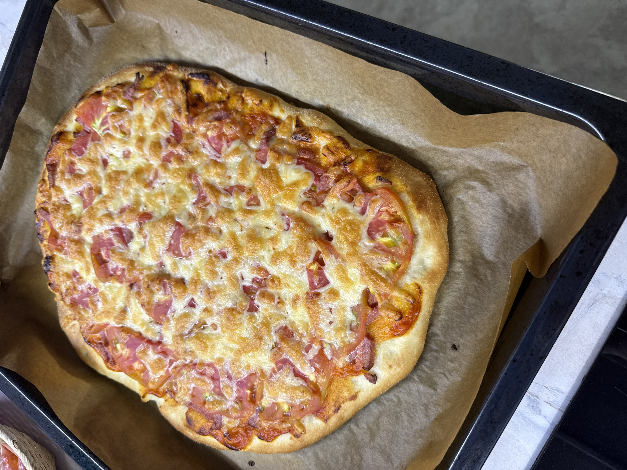 Homemade pizza fresh out of the oven in Kazan