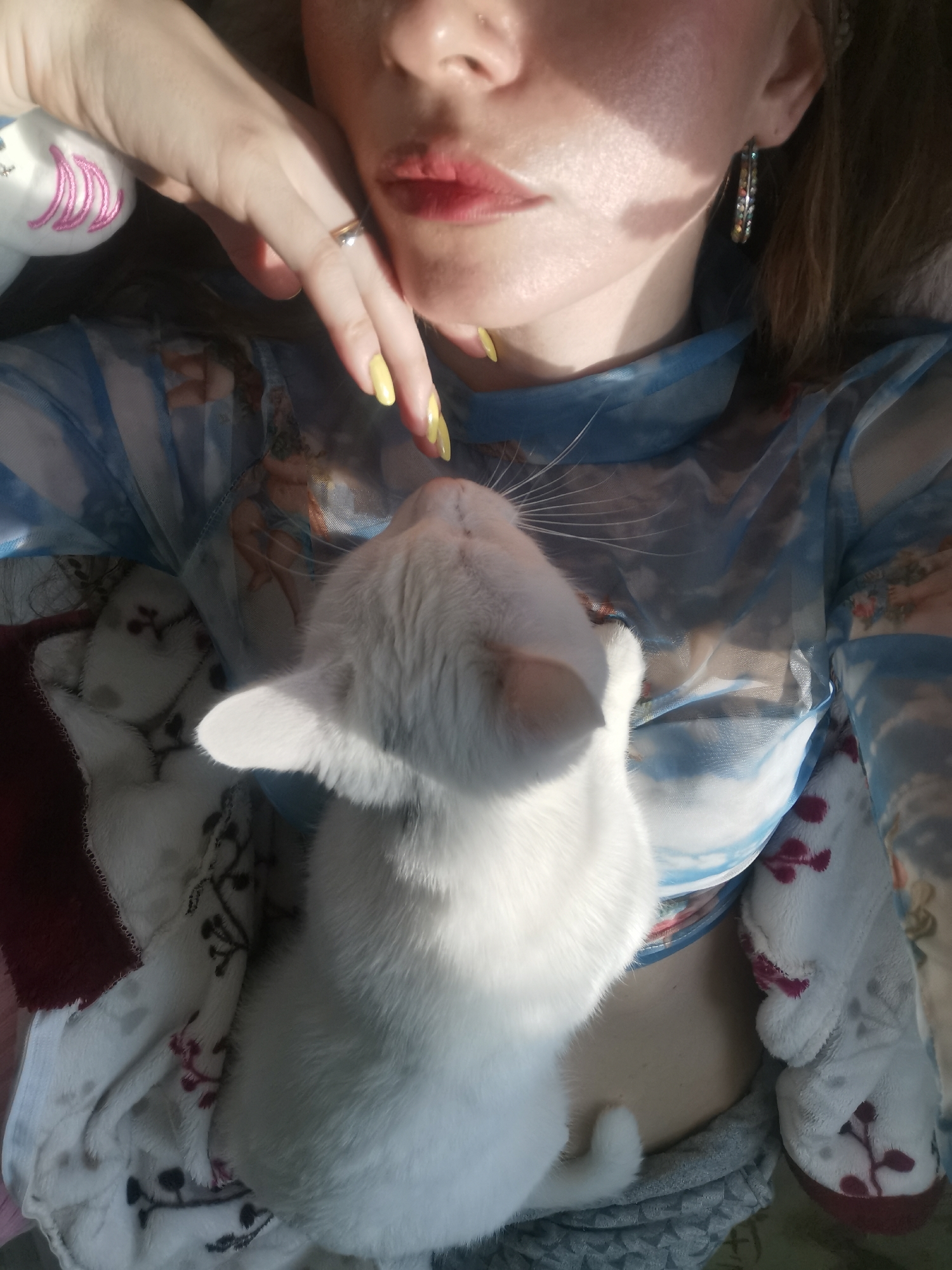 Woman spends quiet afternoon with white cat, angel decorations