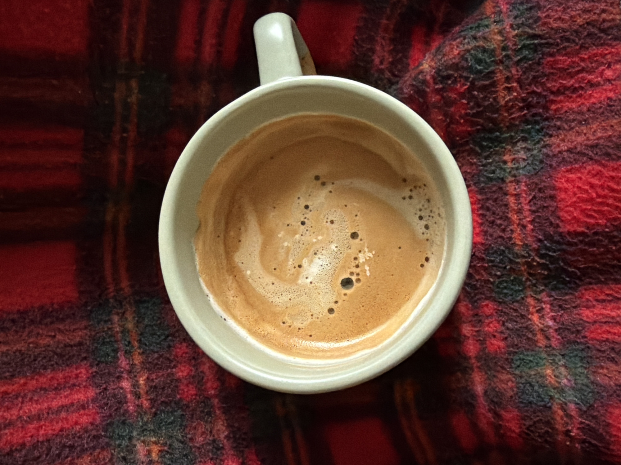 Morning coffee captured on plaid fabric in Pleven