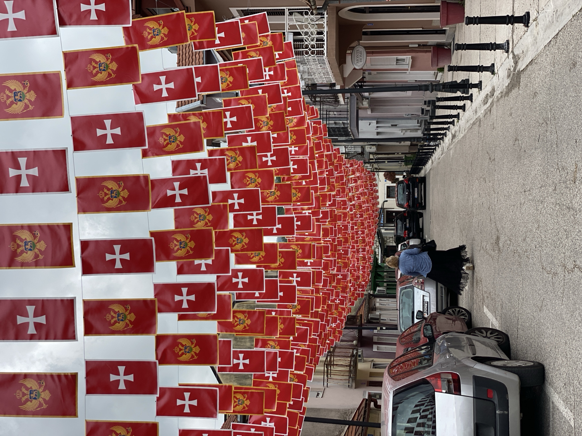 Morning street documentation captures flag-decorated Cetinje, Montenegro