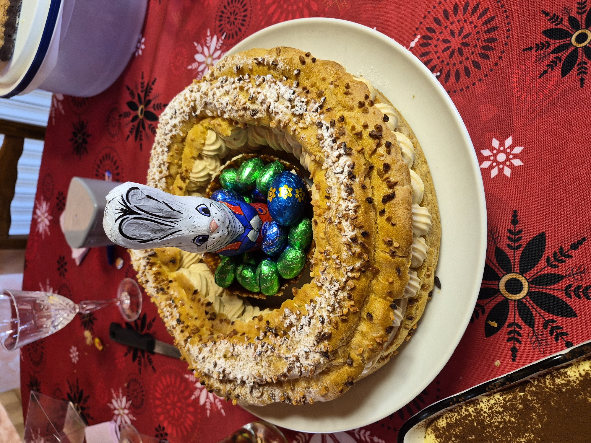 Festive pastry with wrapped chocolate eggs documented in celebration
