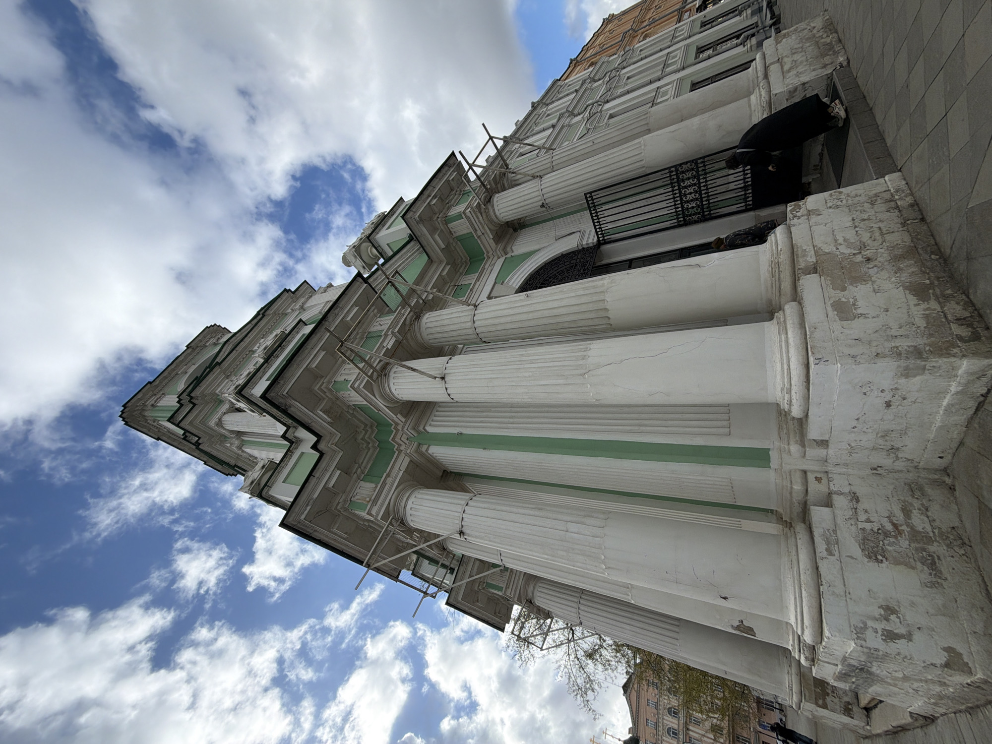 Classical Moscow building renovation documented, interior chandelier view captured