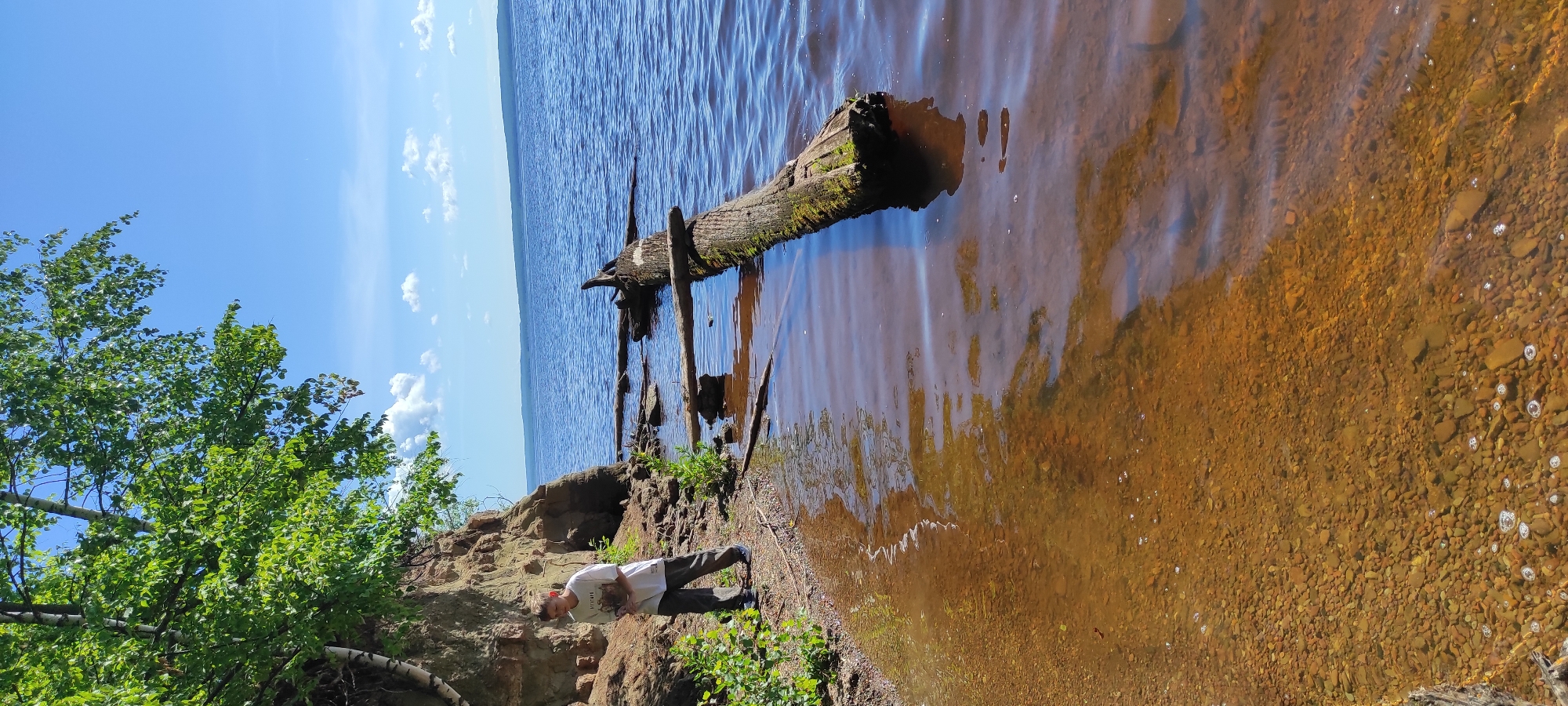 Kids hike and wade along the Kama River in Chaikovsky