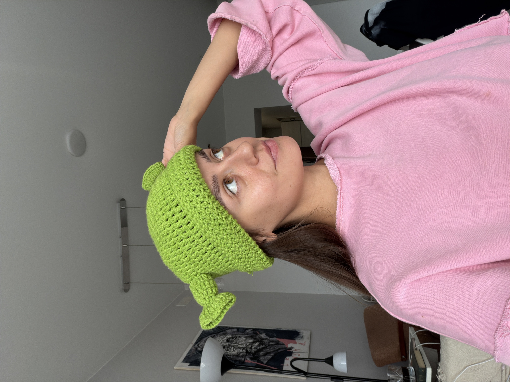 Shrek-ear crochet hat moment, Krasnoyarsk indoors