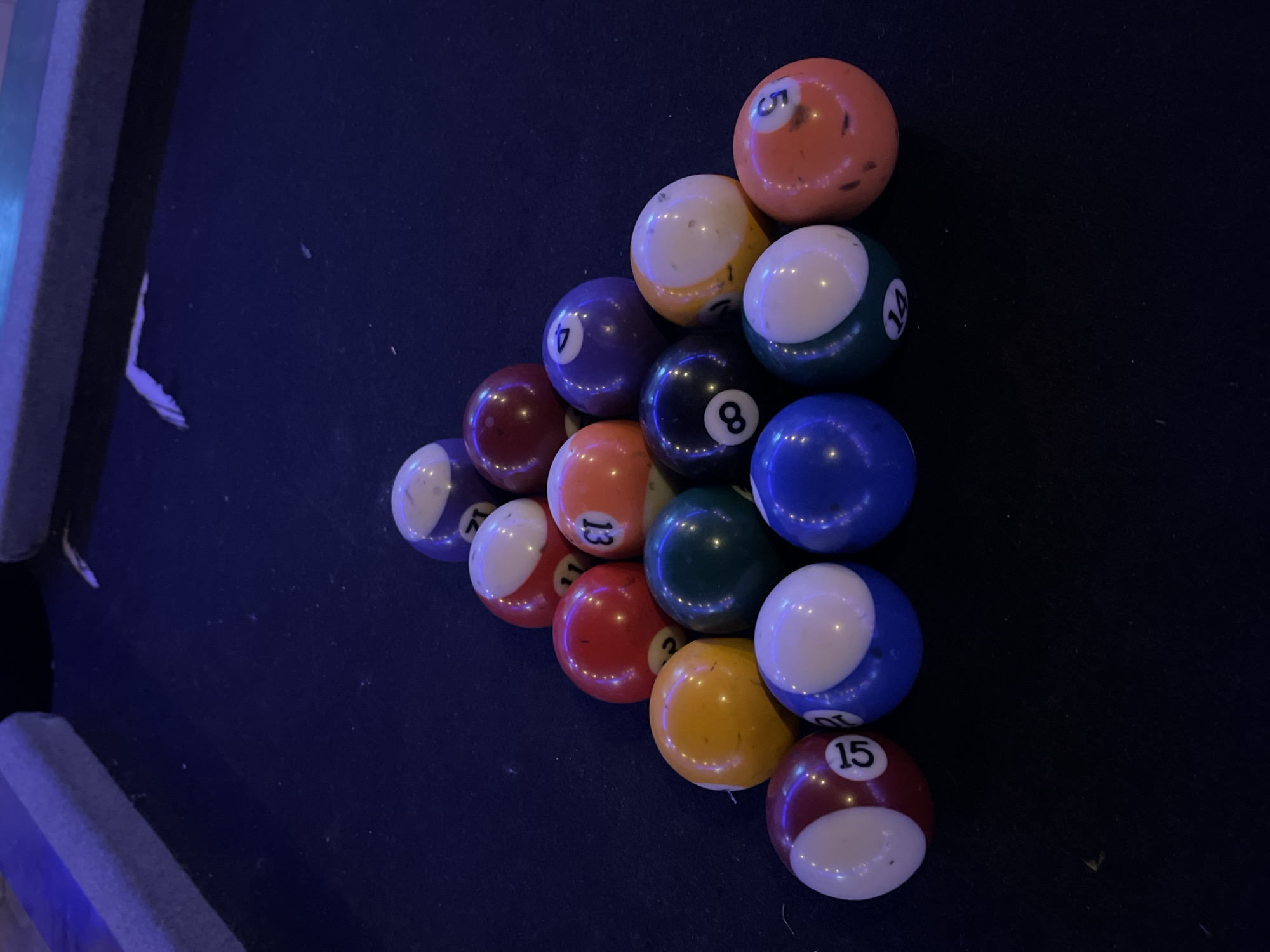 Billiard balls racked on pool table captured in photograph