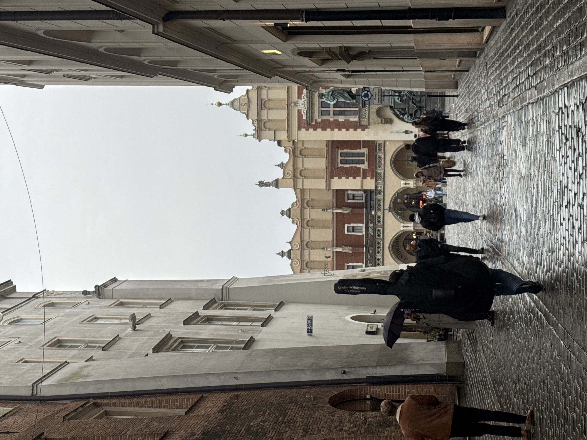 Rainy day brings pedestrians and pigeons together in Krakow square
