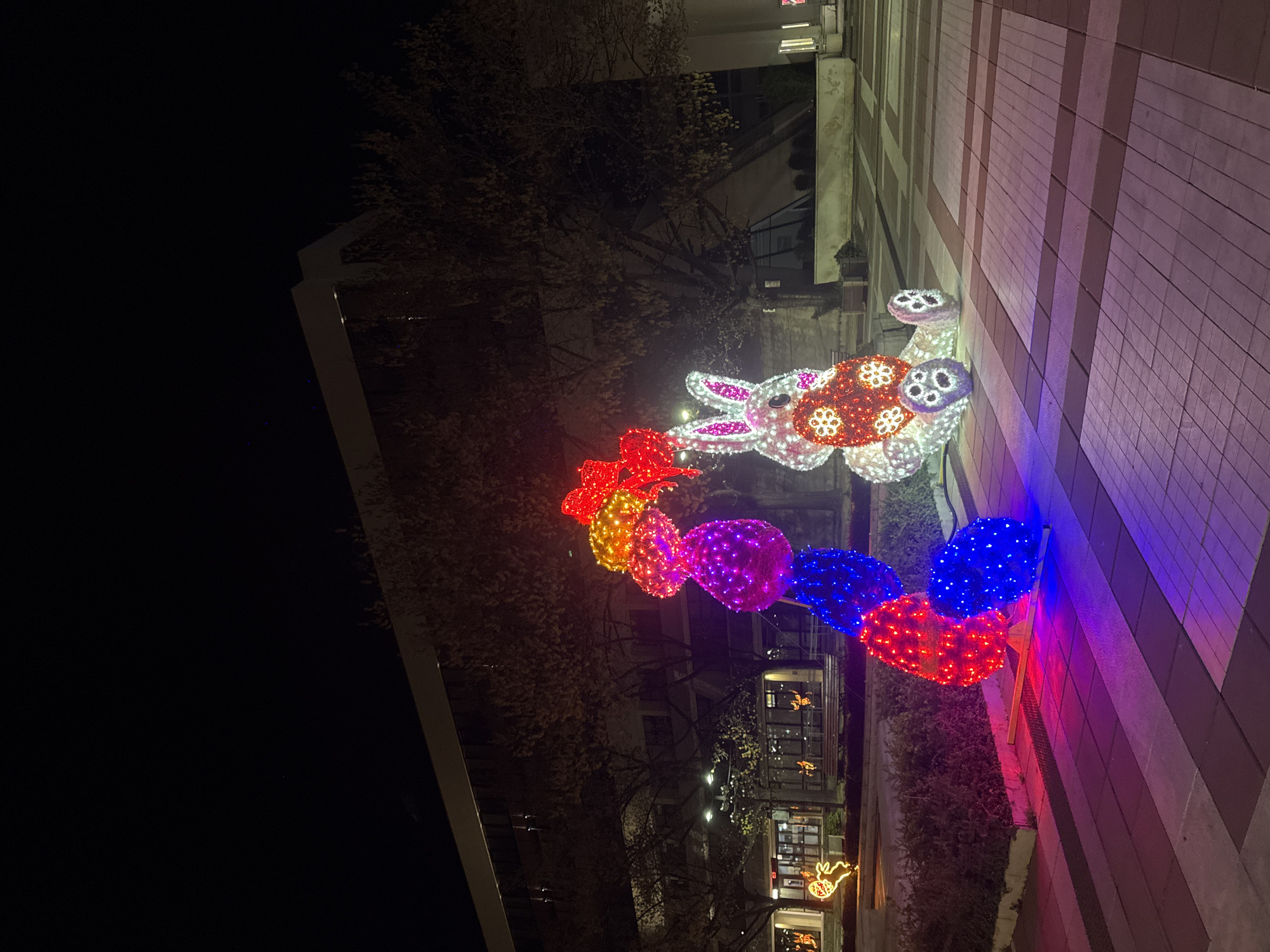 Nighttime scenes captured in Blagoevgrad featuring illuminated decorations, cinema