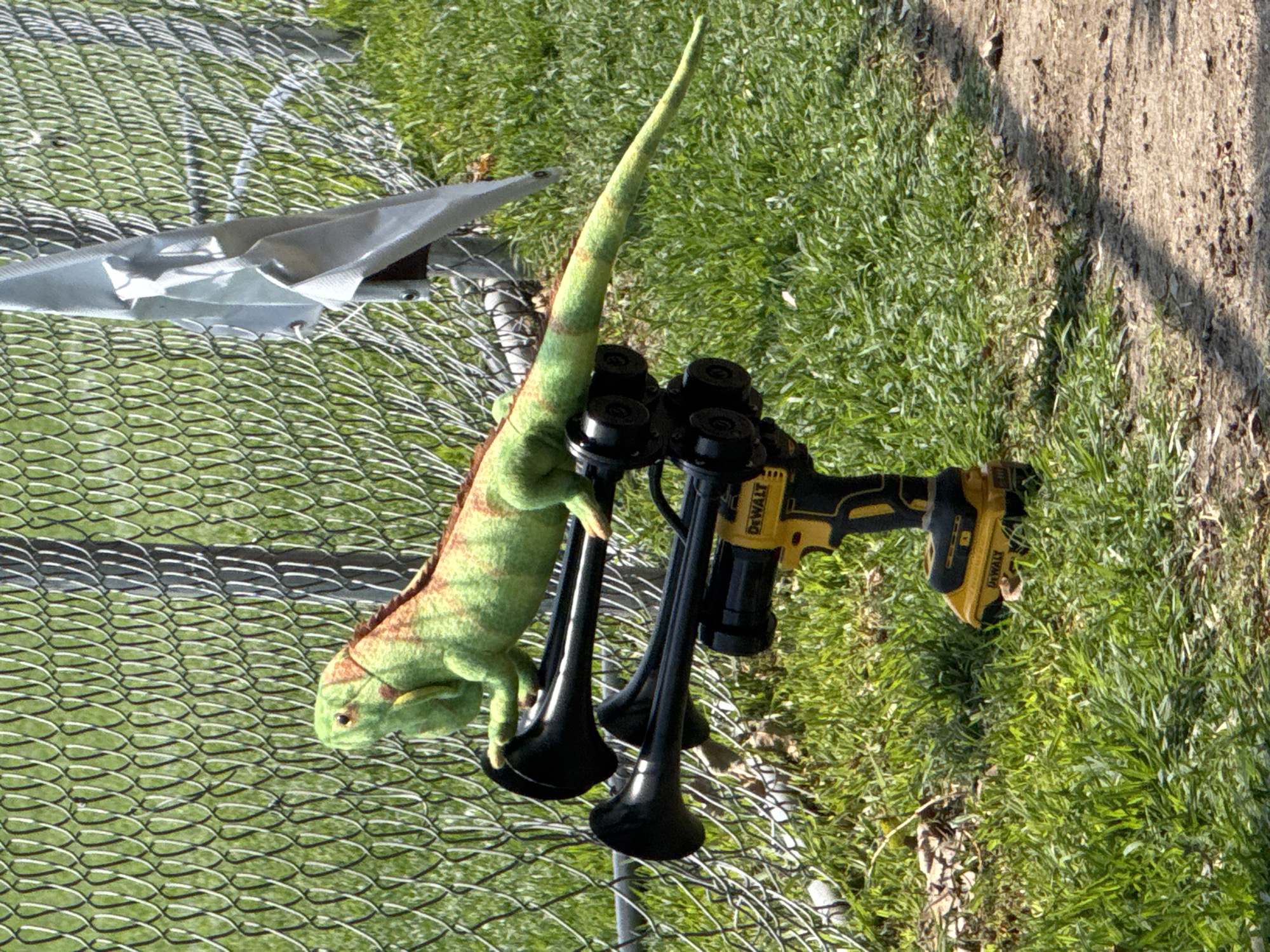 Stuffed iguana sits atop drill-mounted train horn in Mexico
