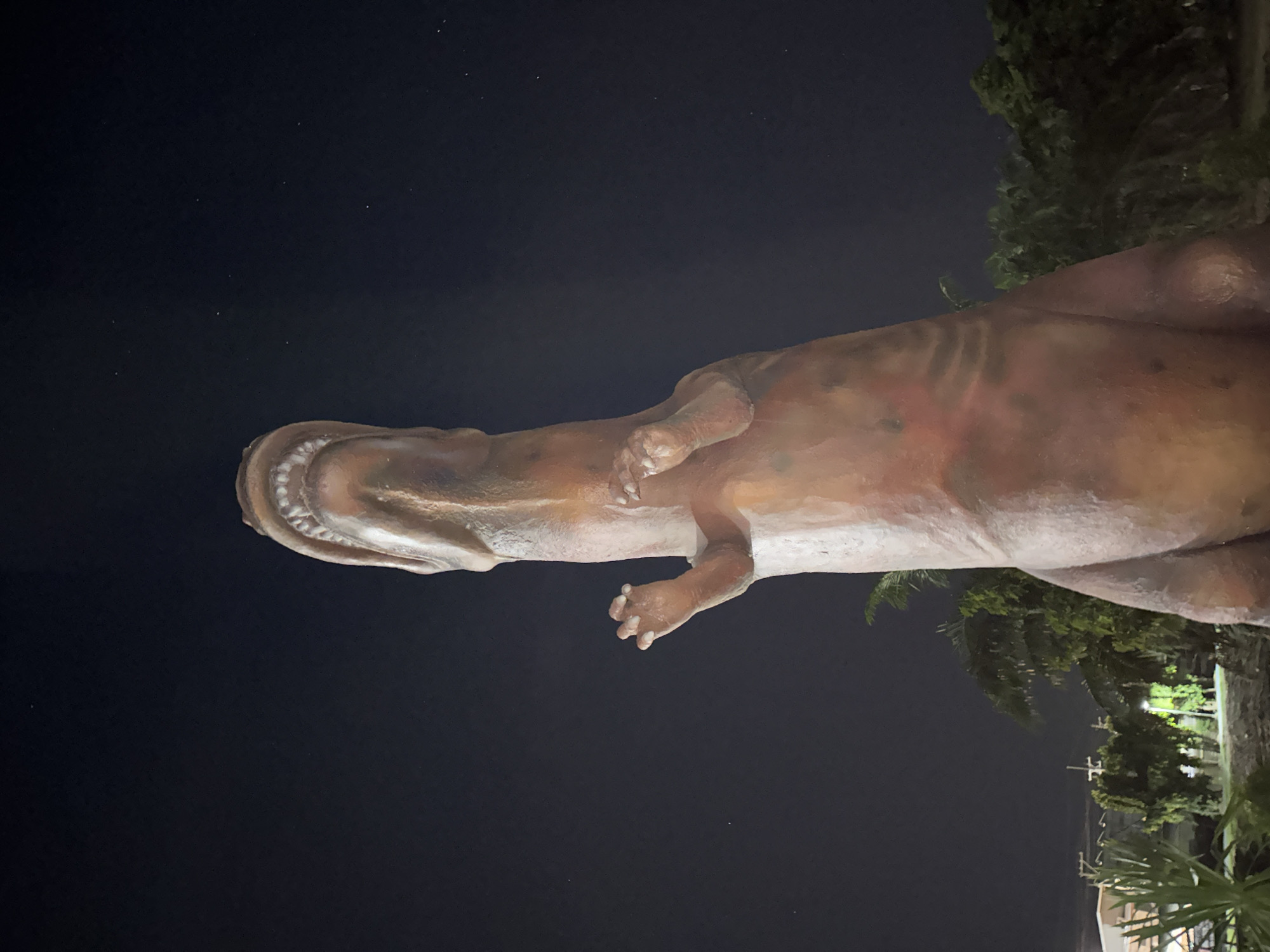 Dinosaur statues and nighttime paths in a Phuket city park