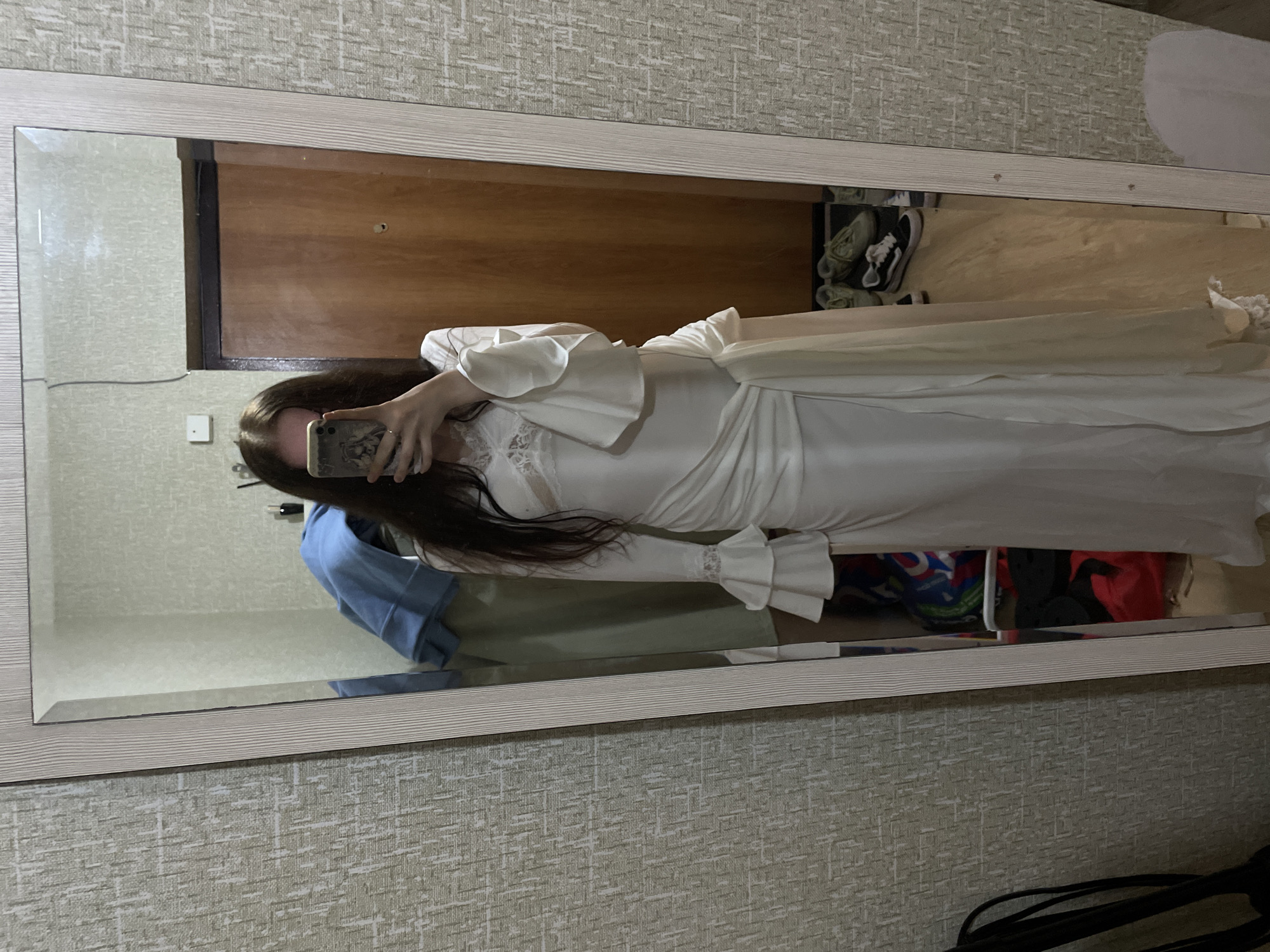 Mirror selfie session in white dress, Votkinsk bedroom