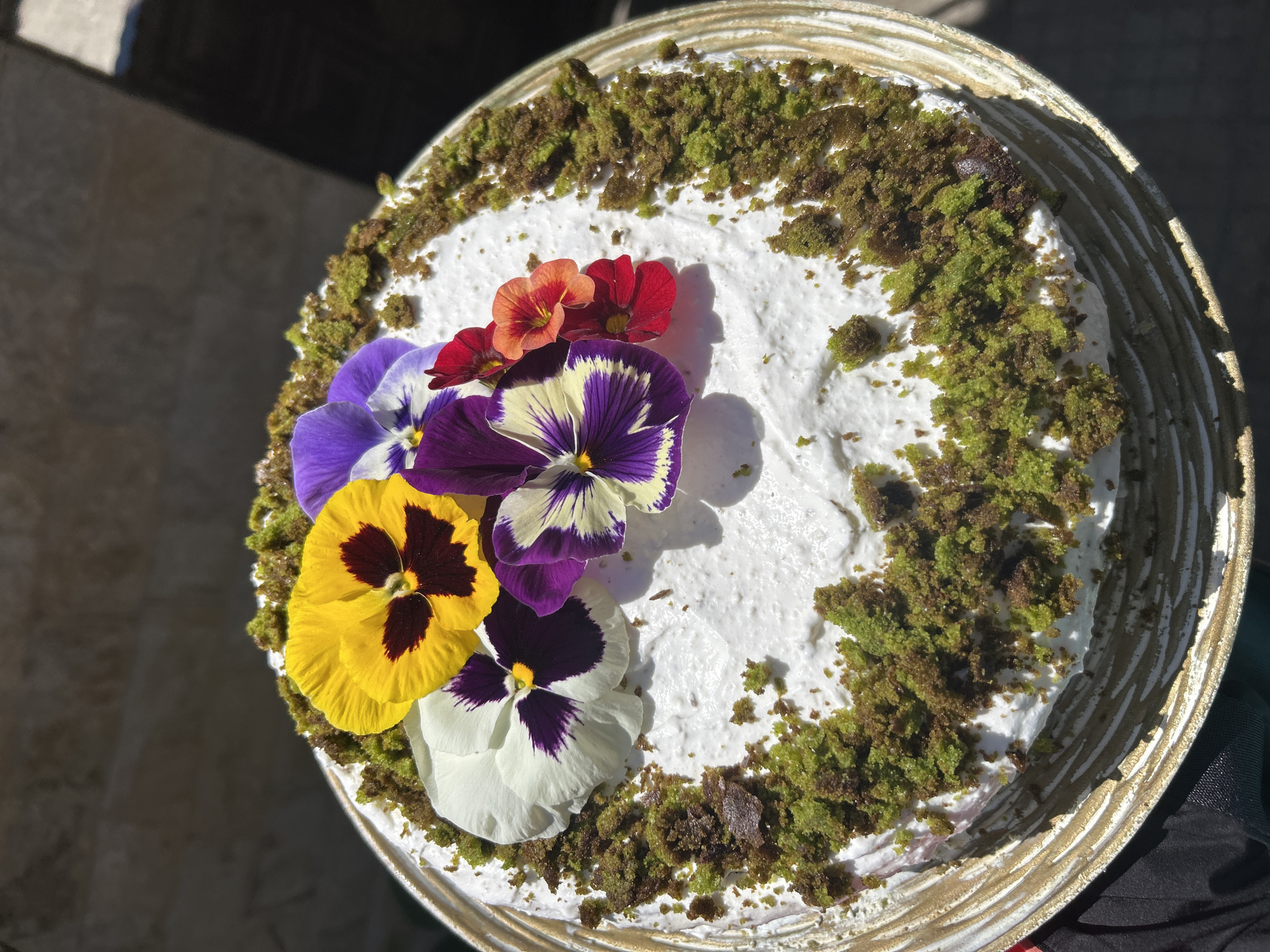 Decorated cake with pansy flowers photographed in Kadievo, Bulgaria