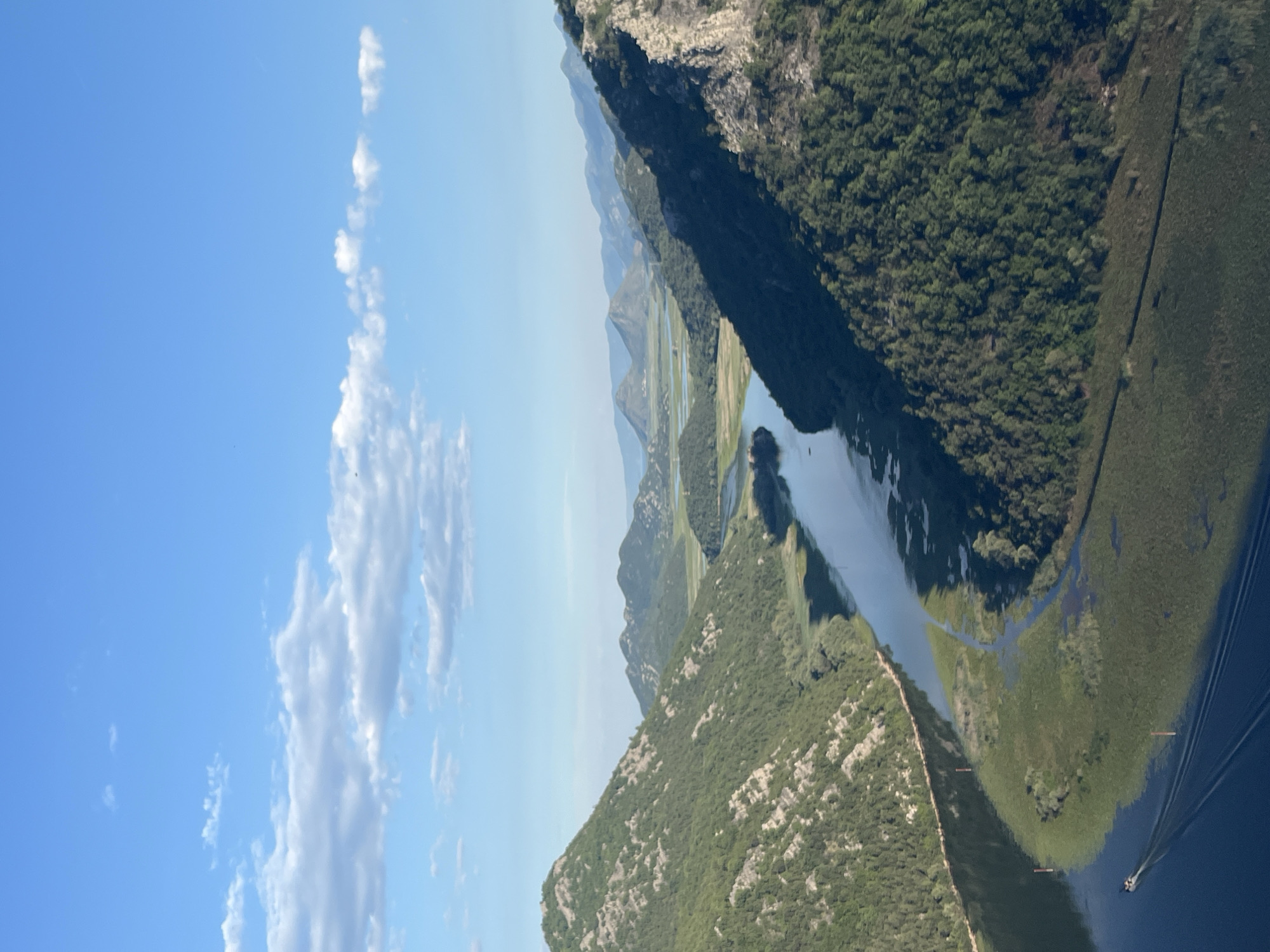 Winding river through forested Montenegrin valley, seen from above