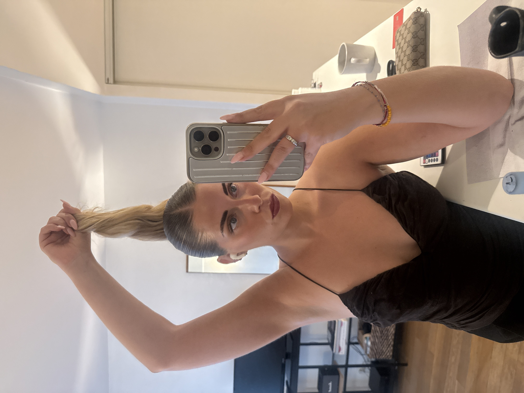 Mirror selfie series in a Paris apartment, evening outfit check