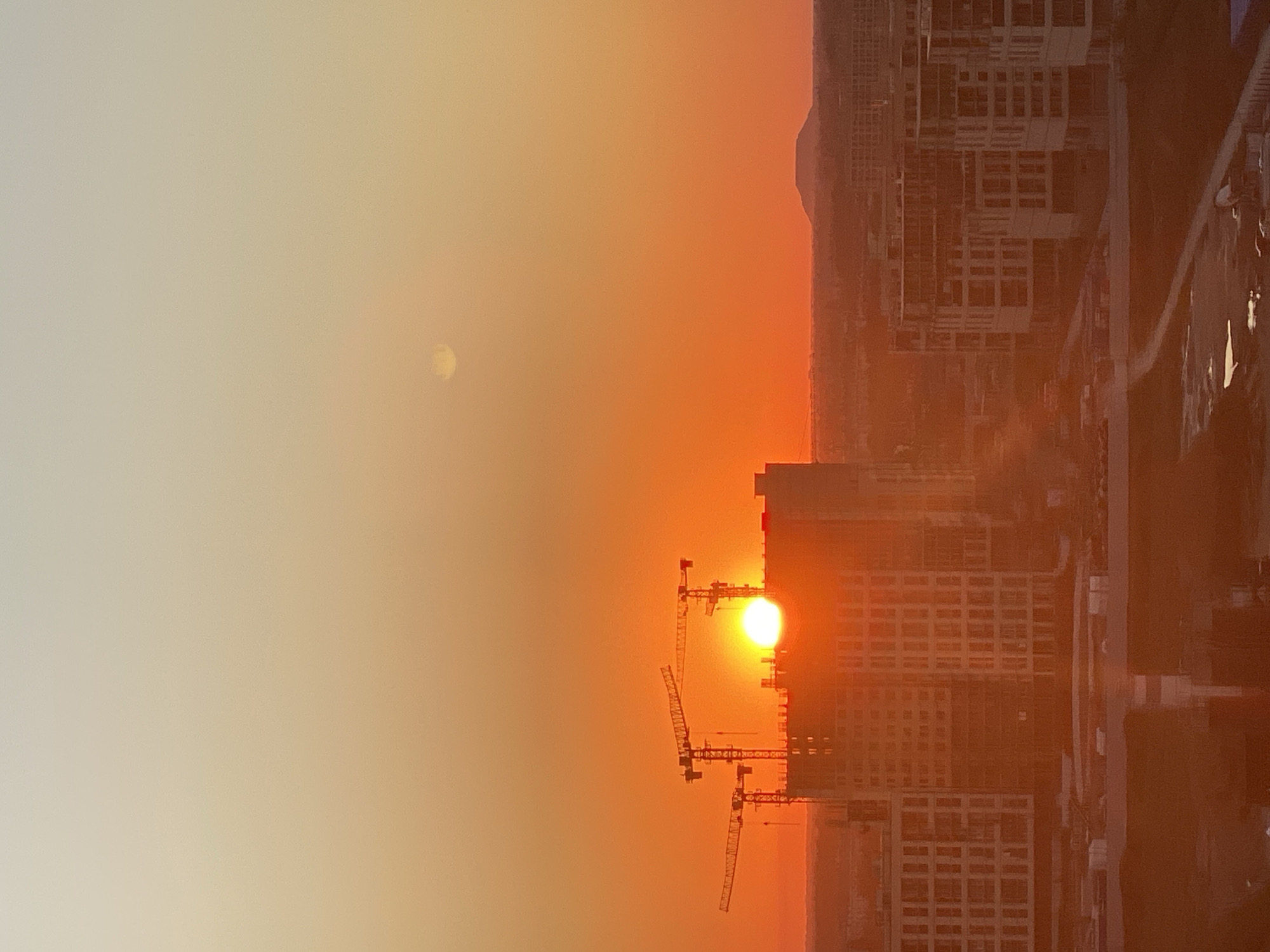 Sunset over Novotitarovskaya with cranes on the skyline