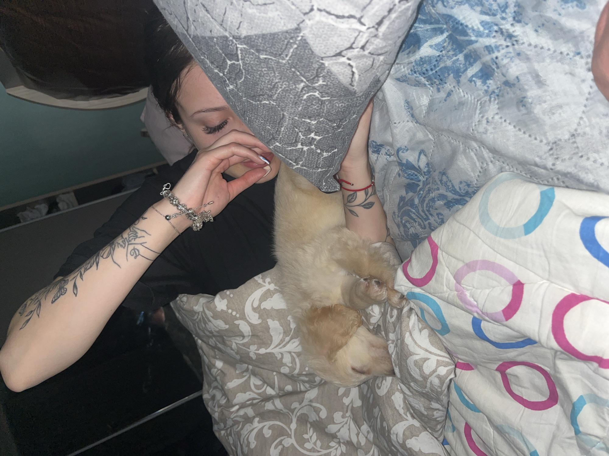Woman bonds with small dog in bedroom in Bulgaria